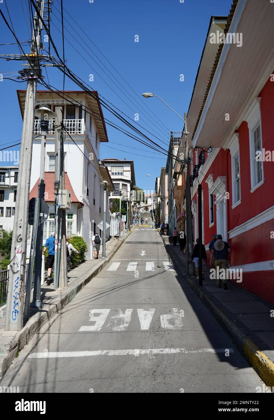Colourfully Decorated Houses on a hill in the Paseo Yugoslavo district. Valparaiso, Chile. Stock Photo