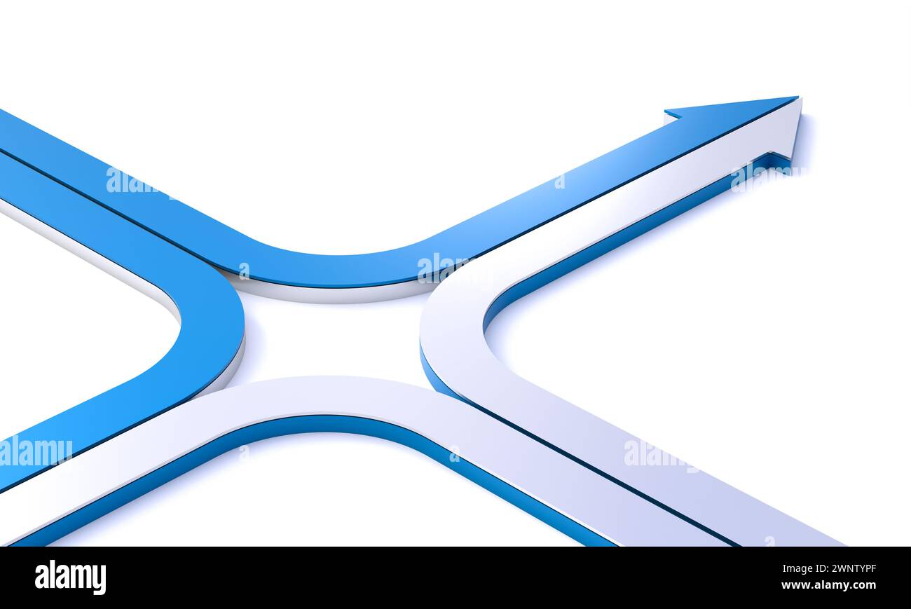 3d illustration of two converging blue paths splitting into different directions Stock Photo