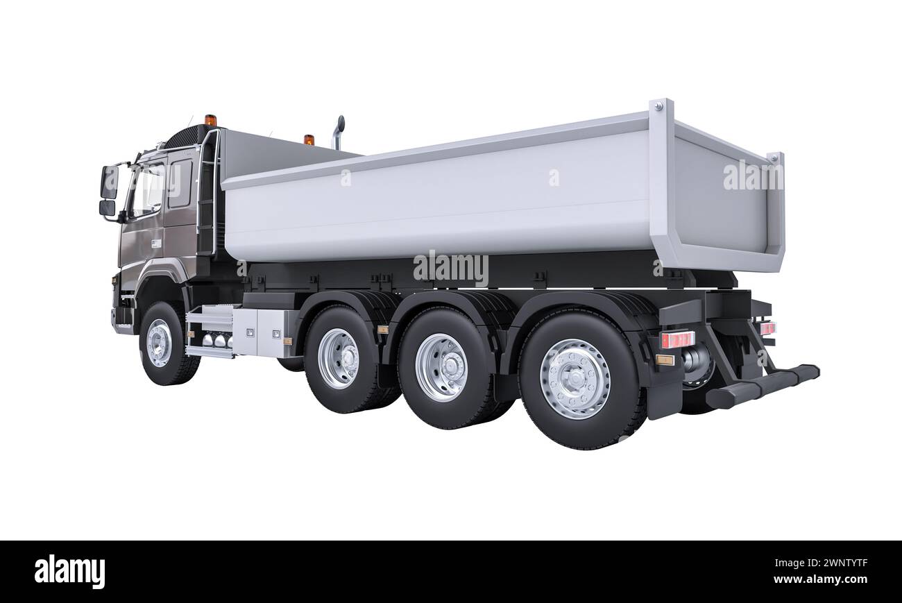 Detailed illustration of a heavy-duty dump truck for construction use, isolated on a white background. 3d render Stock Photo