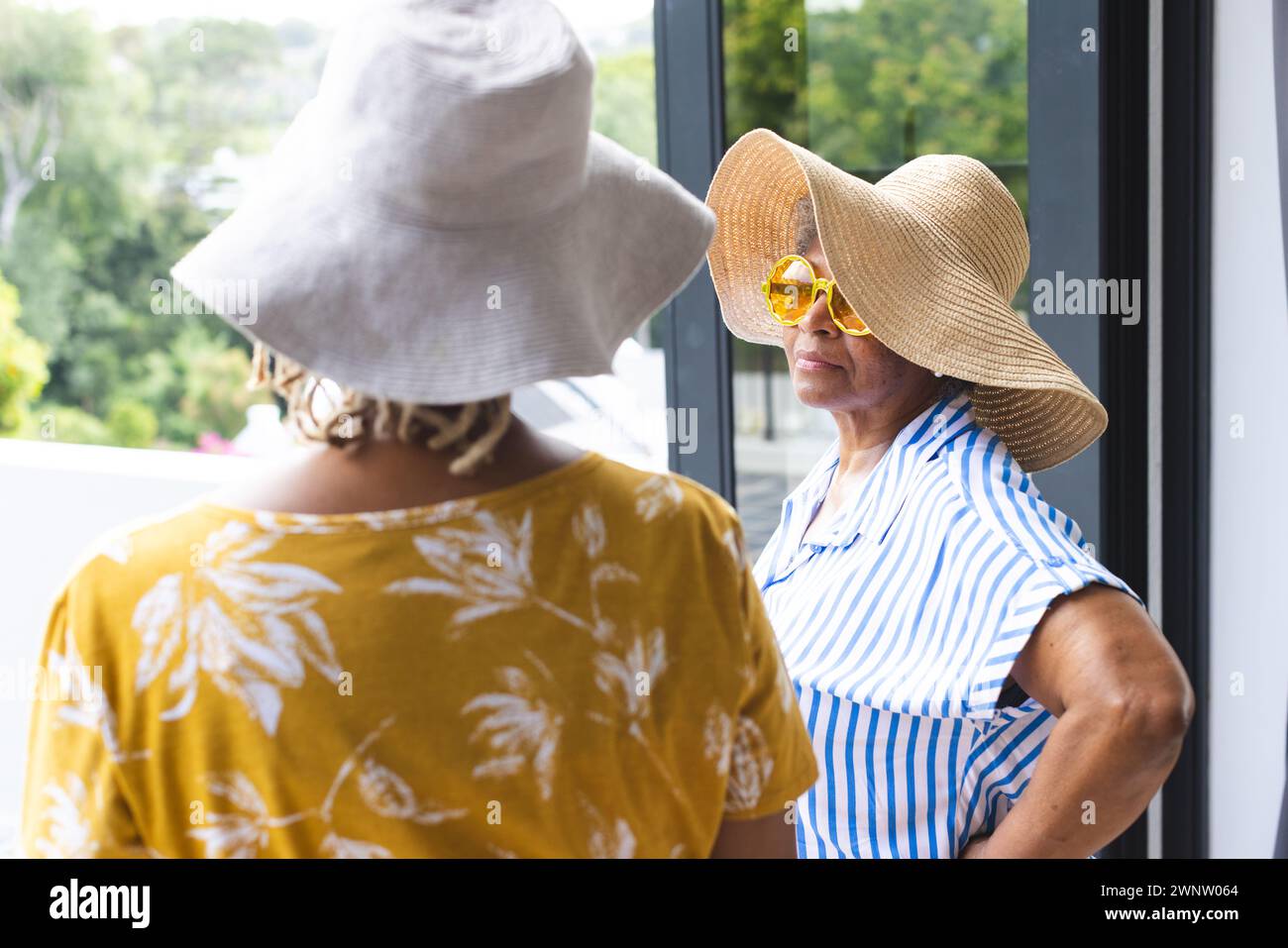 Senior African American woman in a yellow top converses with a senior biracial woman in stripes Stock Photo