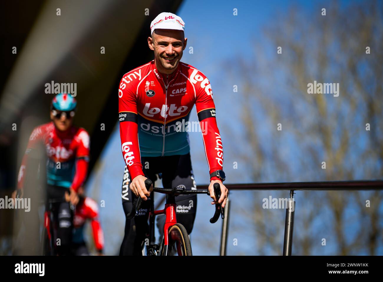 Montargis, France. 04th Mar, 2024. Belgian Victor Campenaerts of Lotto Dstny pictured at the start of the second stage of the Paris-Nice eight days cycling stage race, 177, 6 km from Thoiry to Montargis, France, Monday 04 March 2024. BELGA PHOTO JASPER JACOBS Credit: Belga News Agency/Alamy Live News Stock Photo