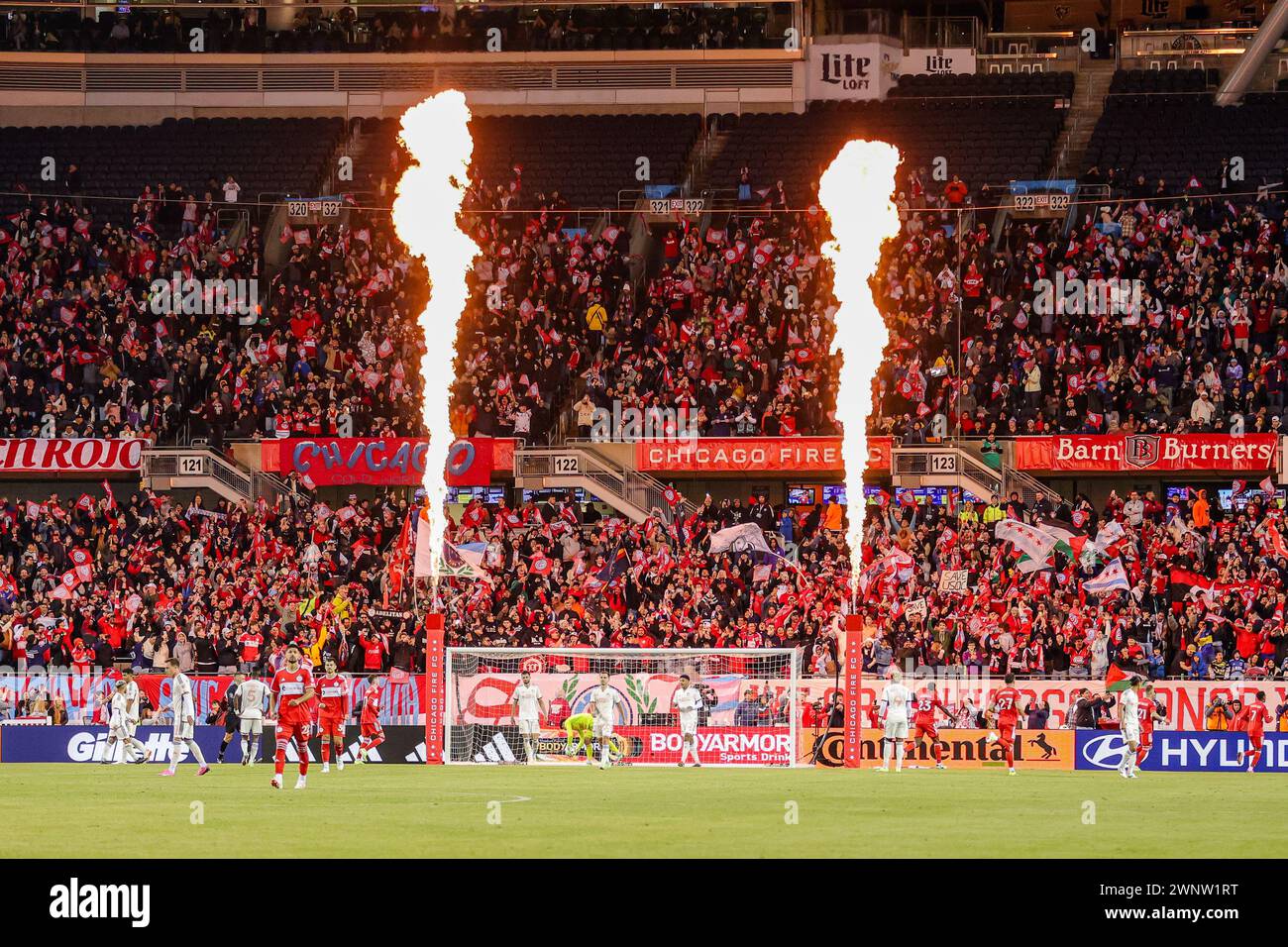 Chicago Fire FC score a goal at Solider Field, Chicago, IL on March 2nd 2024. Stock Photo