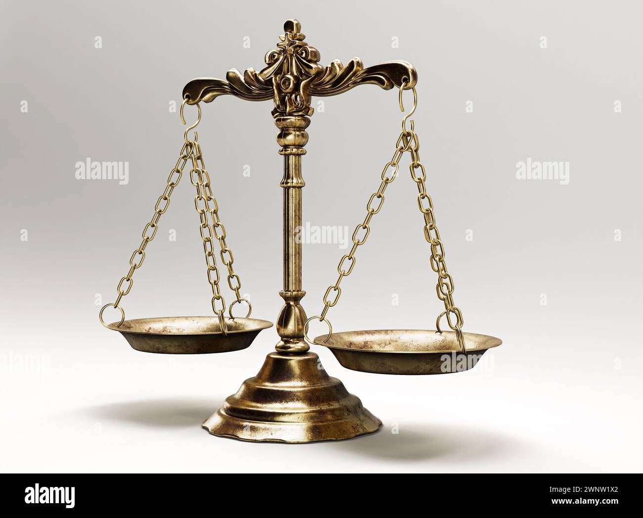 Ornate brass justice scales on a light isolated background - 3D render Stock Photo