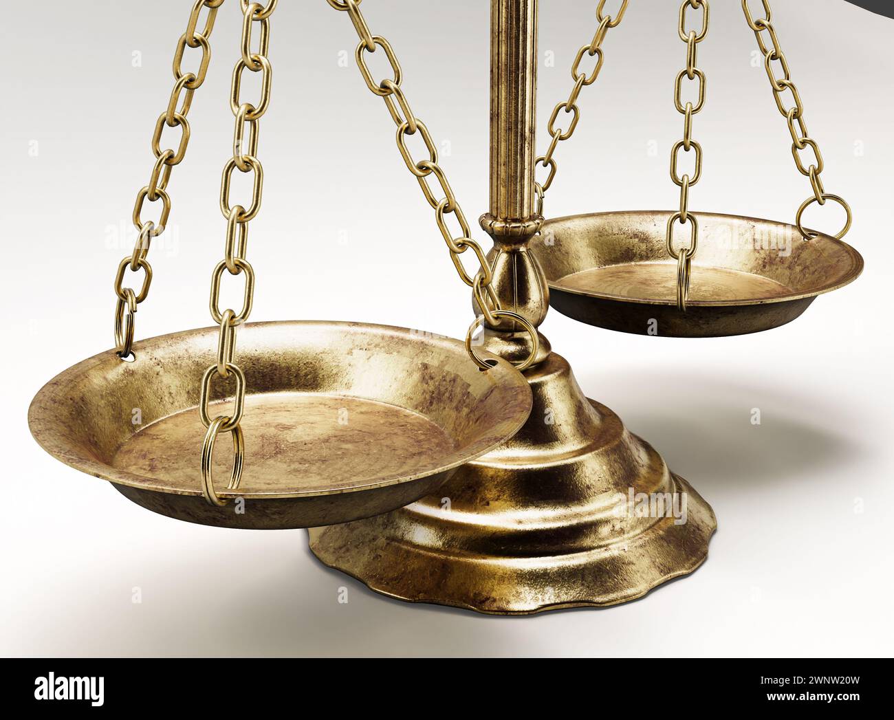 Ornate brass justice scales on a light isolated background - 3D render Stock Photo
