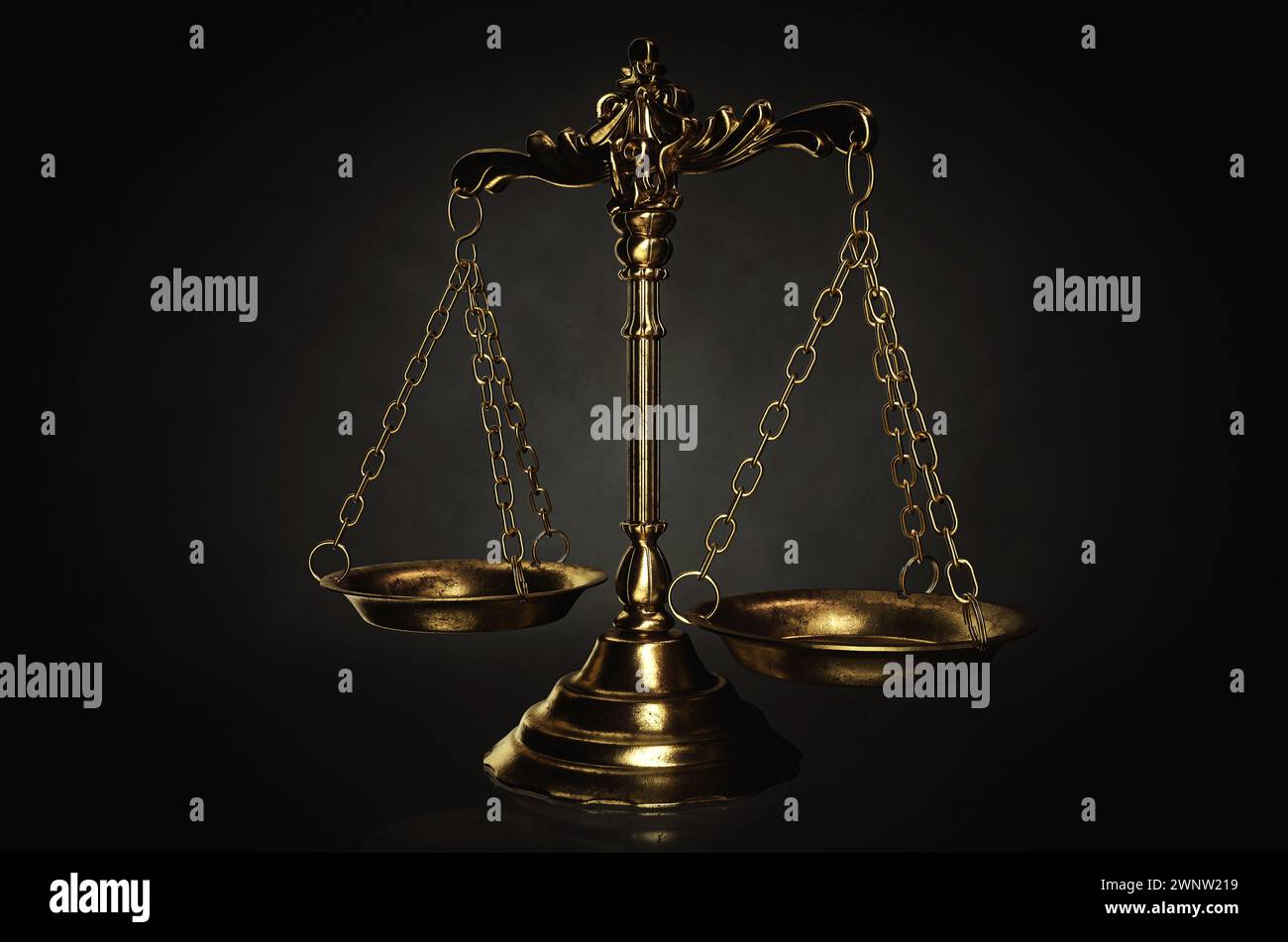 Ornate brass justice scales on a dark isolated background - 3D render Stock Photo