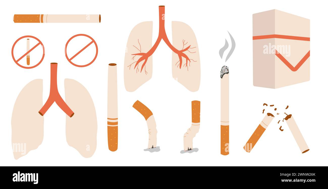 Stop smoking set elements isolated on white background. Cigarettes