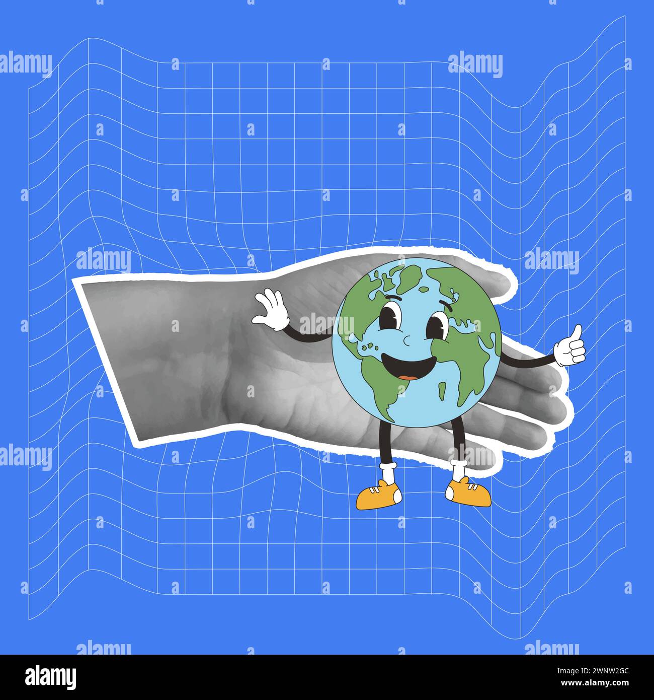 Earth retro mascot in collage hand in blue background. Planet cartoon character template for holiday banner. World environment day. Vector illustratio Stock Vector