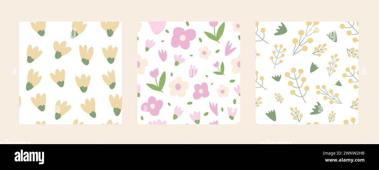 Flowers seamless patterns set. Three floral spring endless backgrounds. Summer covers. Vector flat illustration. Stock Vector