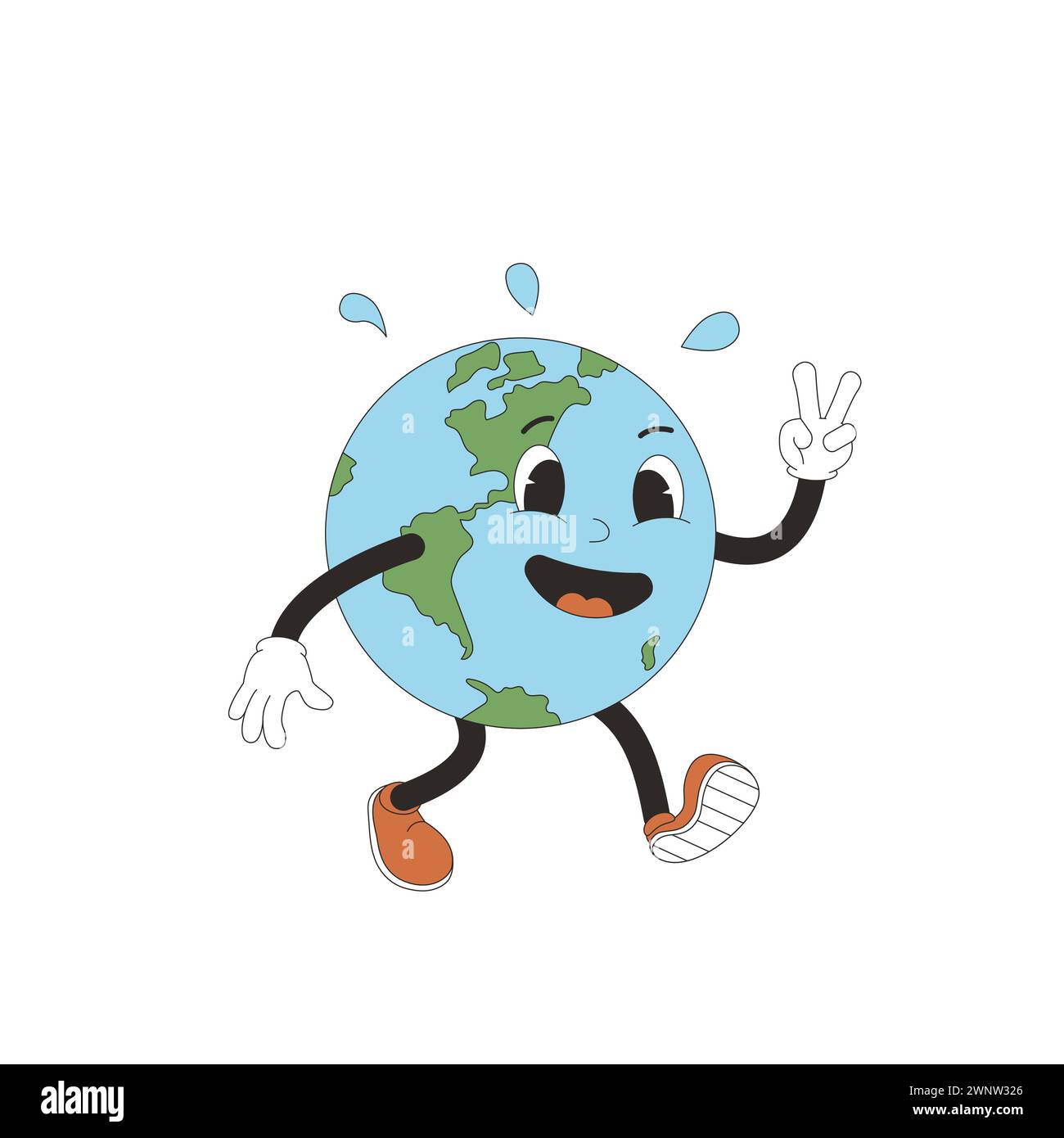 Earth walking in mascot retro style. Cute planet character going and makes victory sign with his hand isolated on white background. Vector globe with Stock Vector