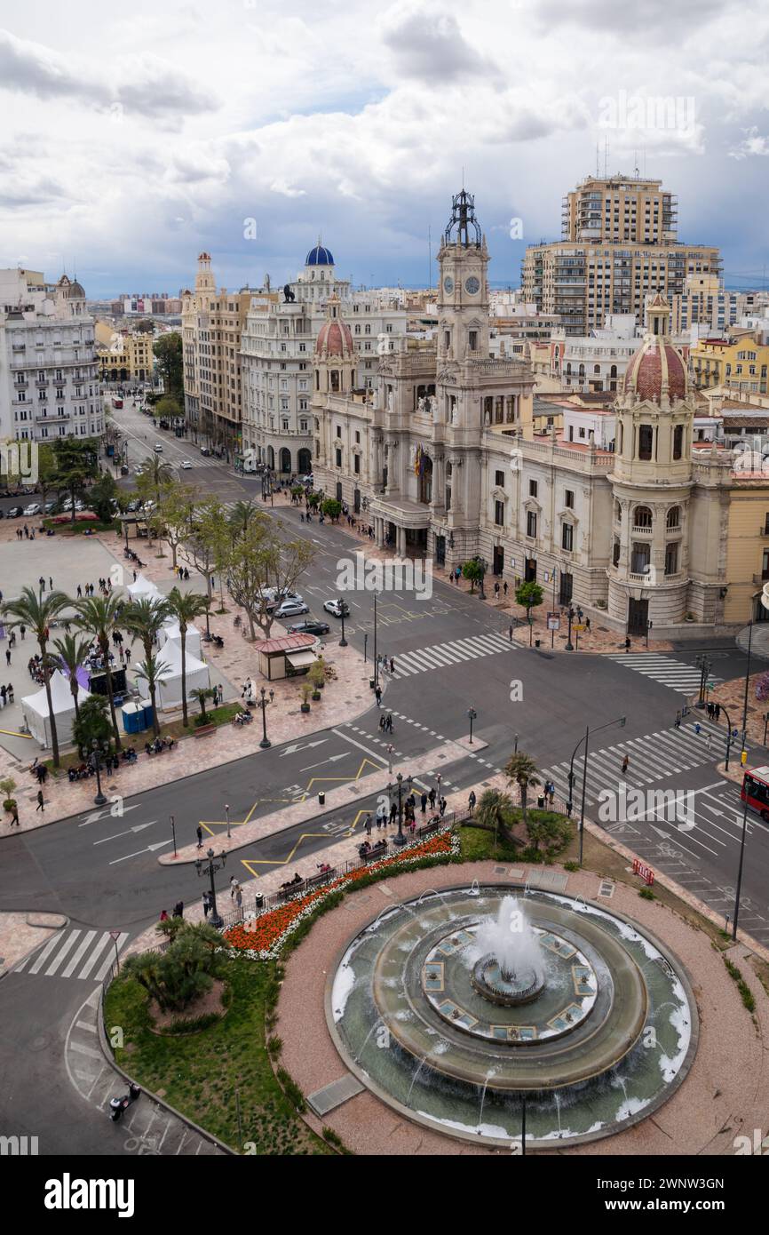 Aerial view of the Valencia town hall and the fountain in the square. Valencia - Spain Stock Photo