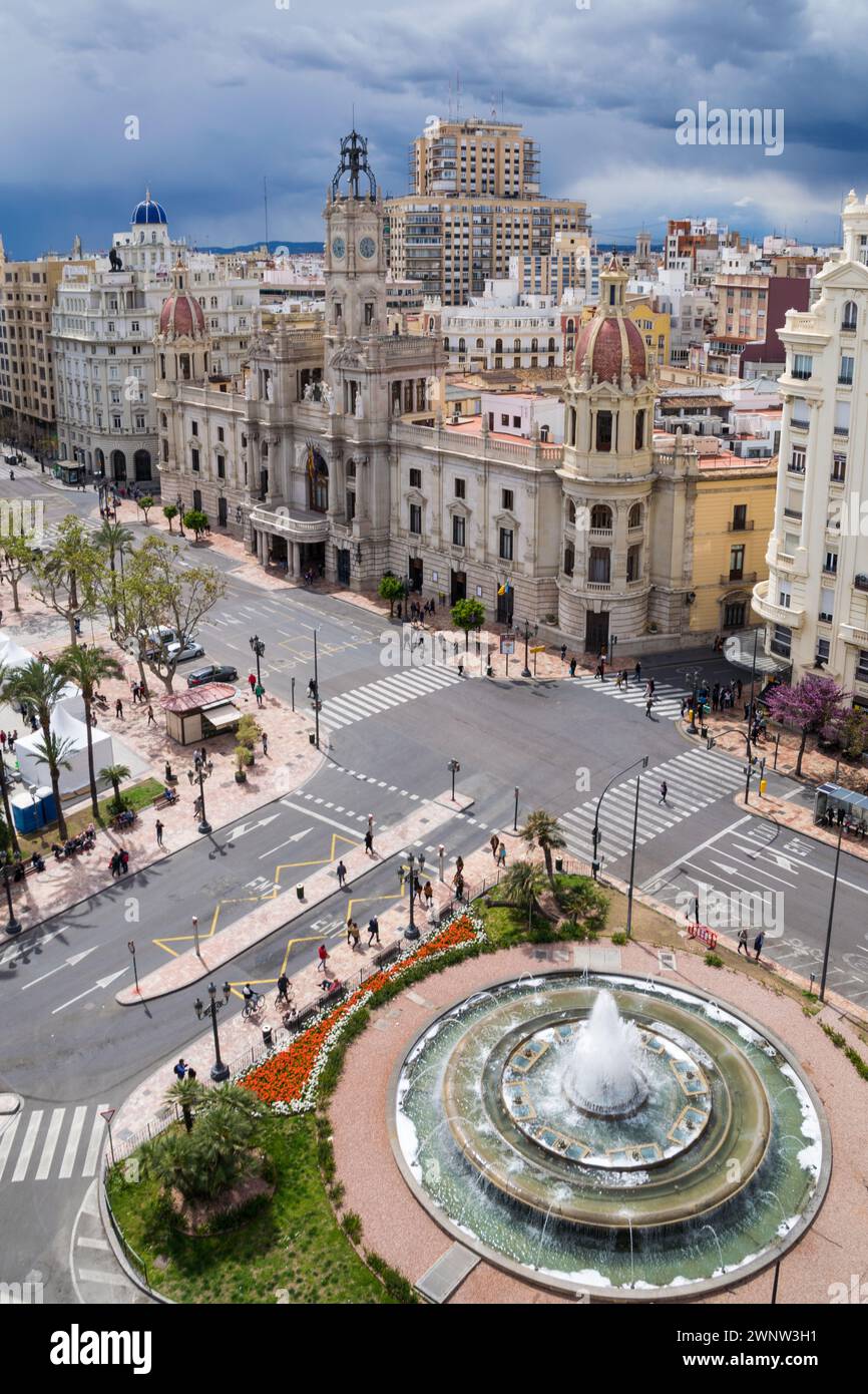 Valencia City Hall and fountain in the square.Valencia - Spain Stock Photo
