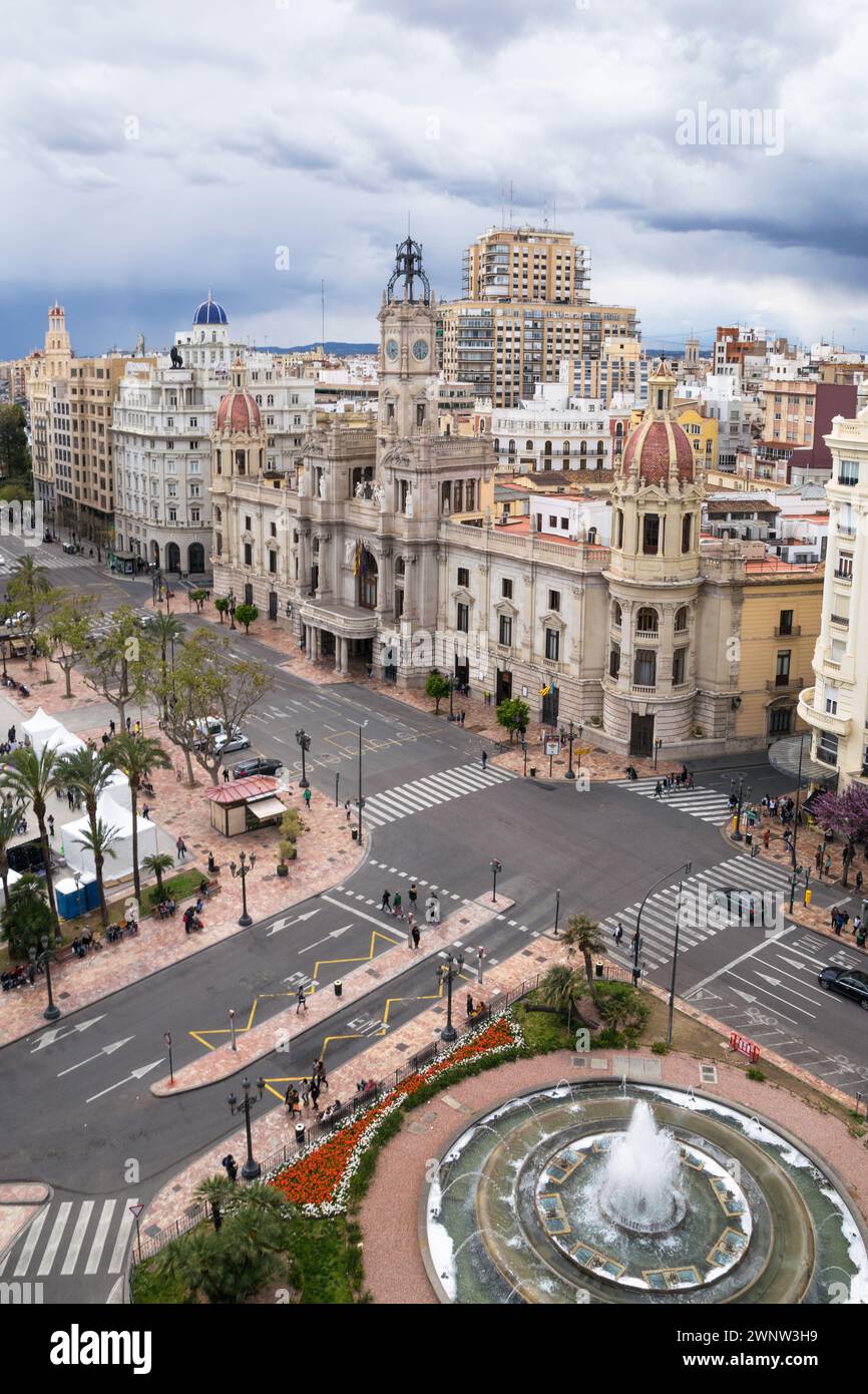 Valencia City Hall and fountain in the square.Valencia - Spain Stock Photo