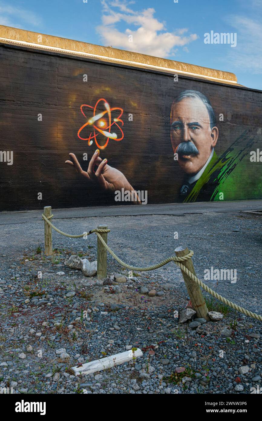 Mural of nuclear physicist Ernest Rutherford by Jacob Yikes, Christchurch, South Island, New Zealand Stock Photo