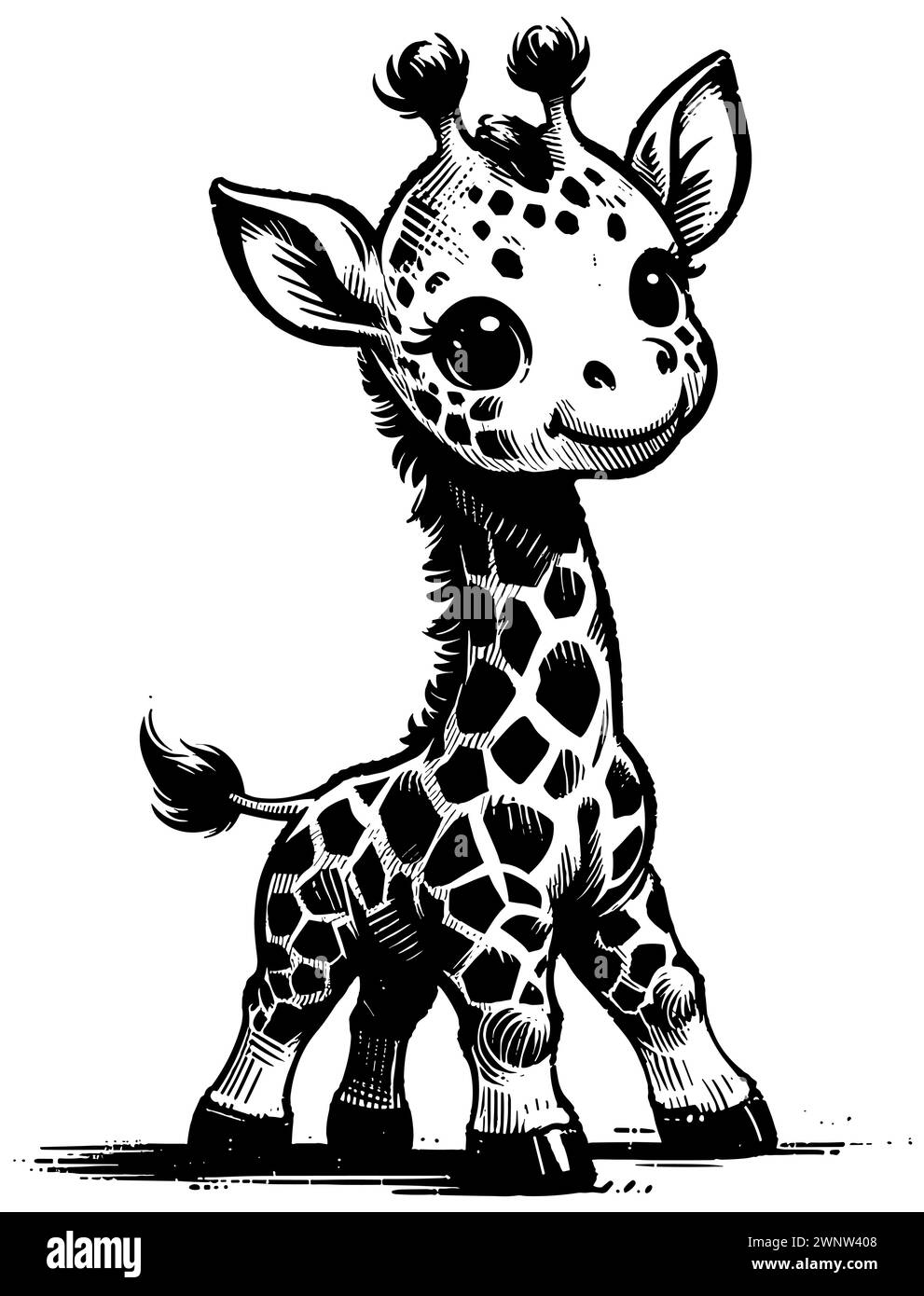 Woodcut style illustration of cute baby giraffe on white background