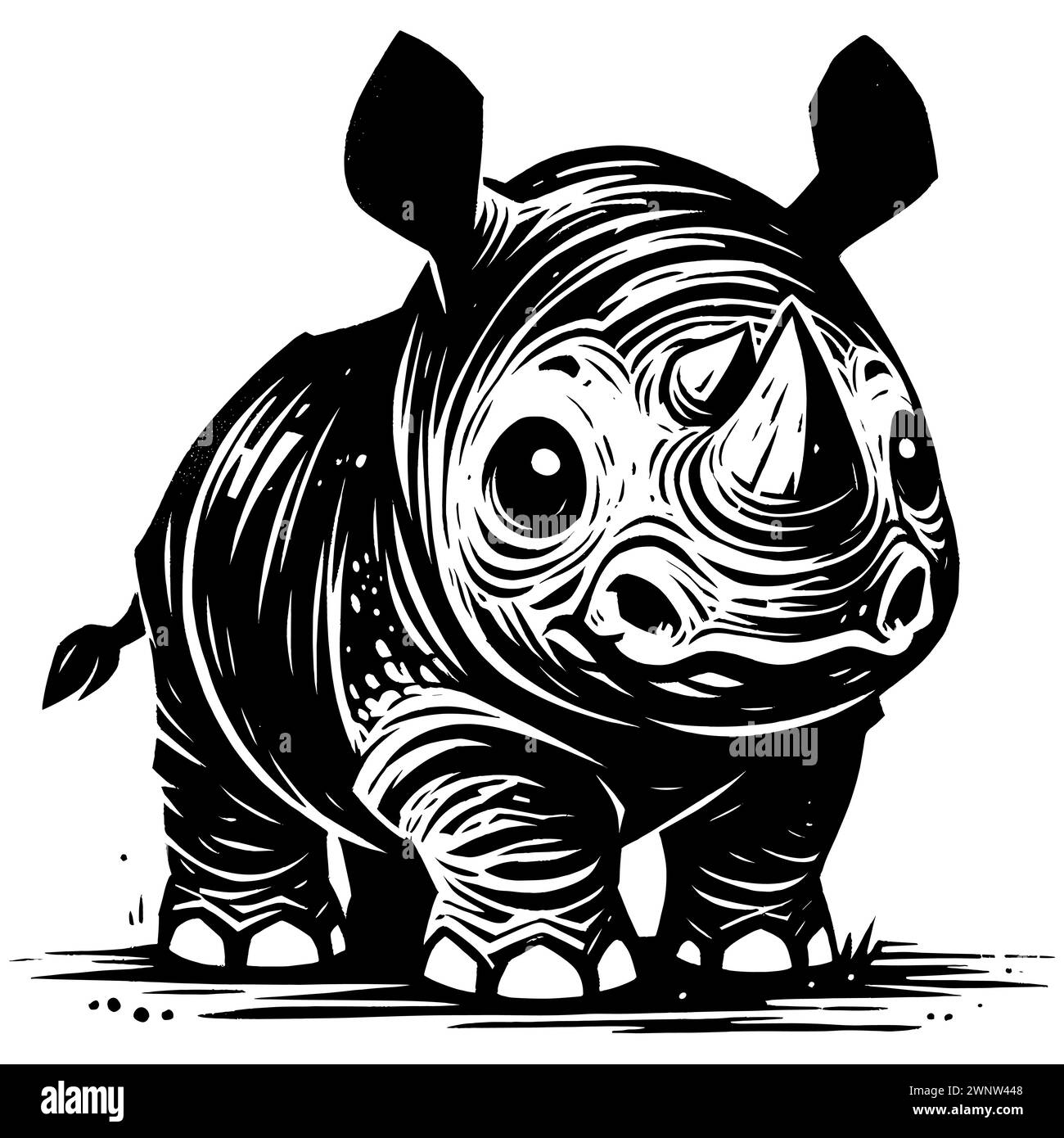 Woodcut style illustration of cute baby rhinoceros on white background. Stock Vector