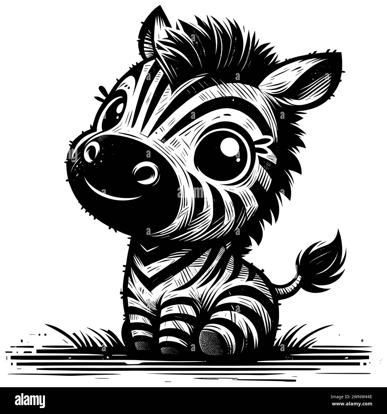 Woodcut style illustration of cute baby zebra on white background Stock