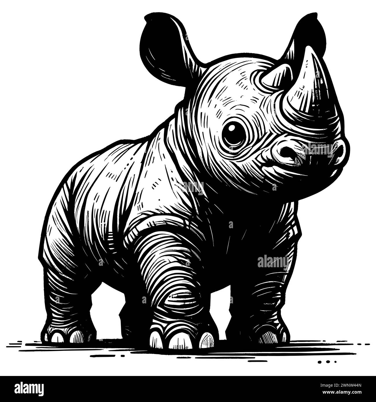 Woodcut style illustration of cute baby rhinoceros on white background. Stock Vector