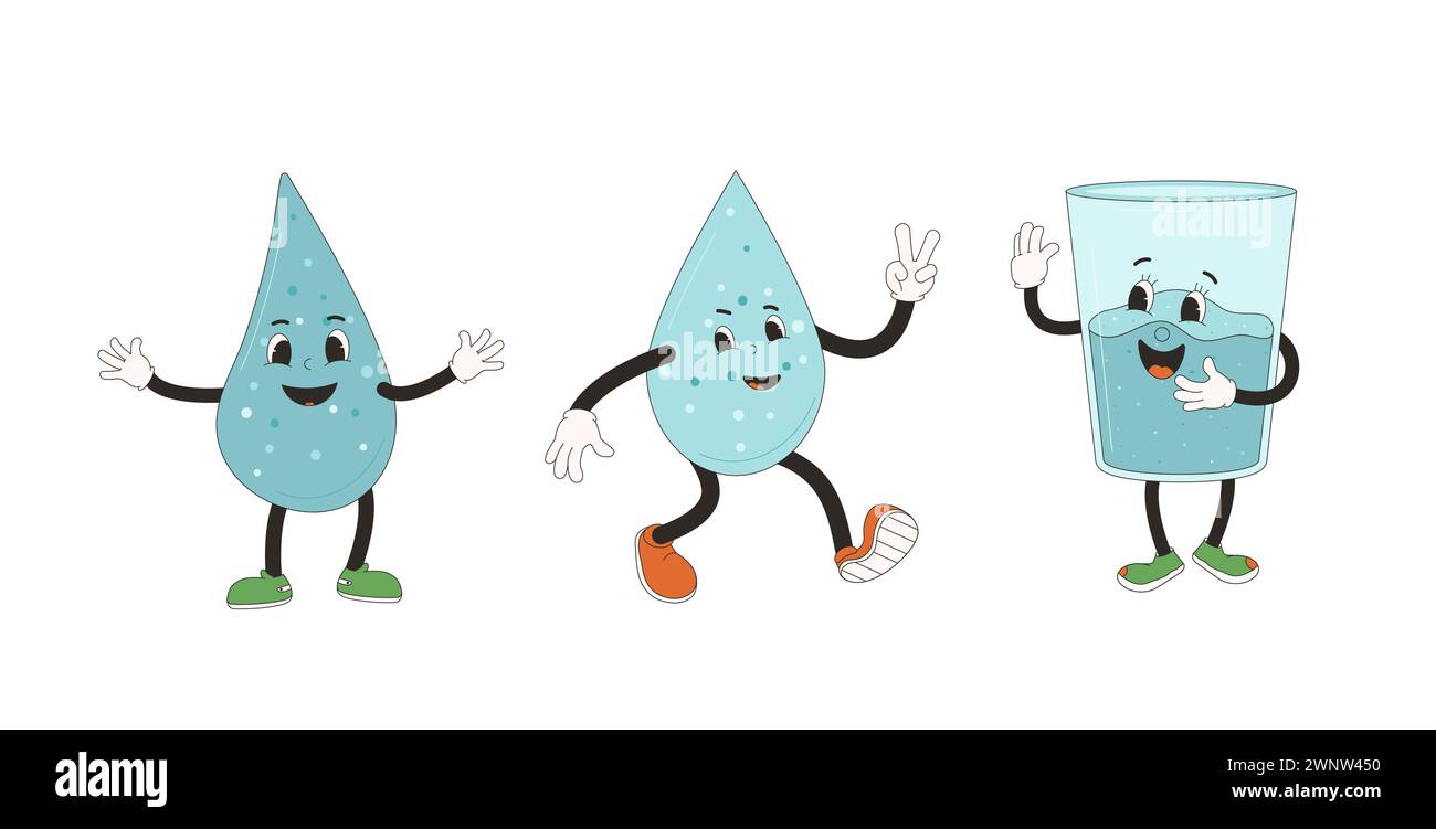 Glass and water drops retro cartoon mascots. Drink rubber hose groovy characters. Beverage cute anthropomorphic. Ecologic and wellness vector flat ill Stock Vector