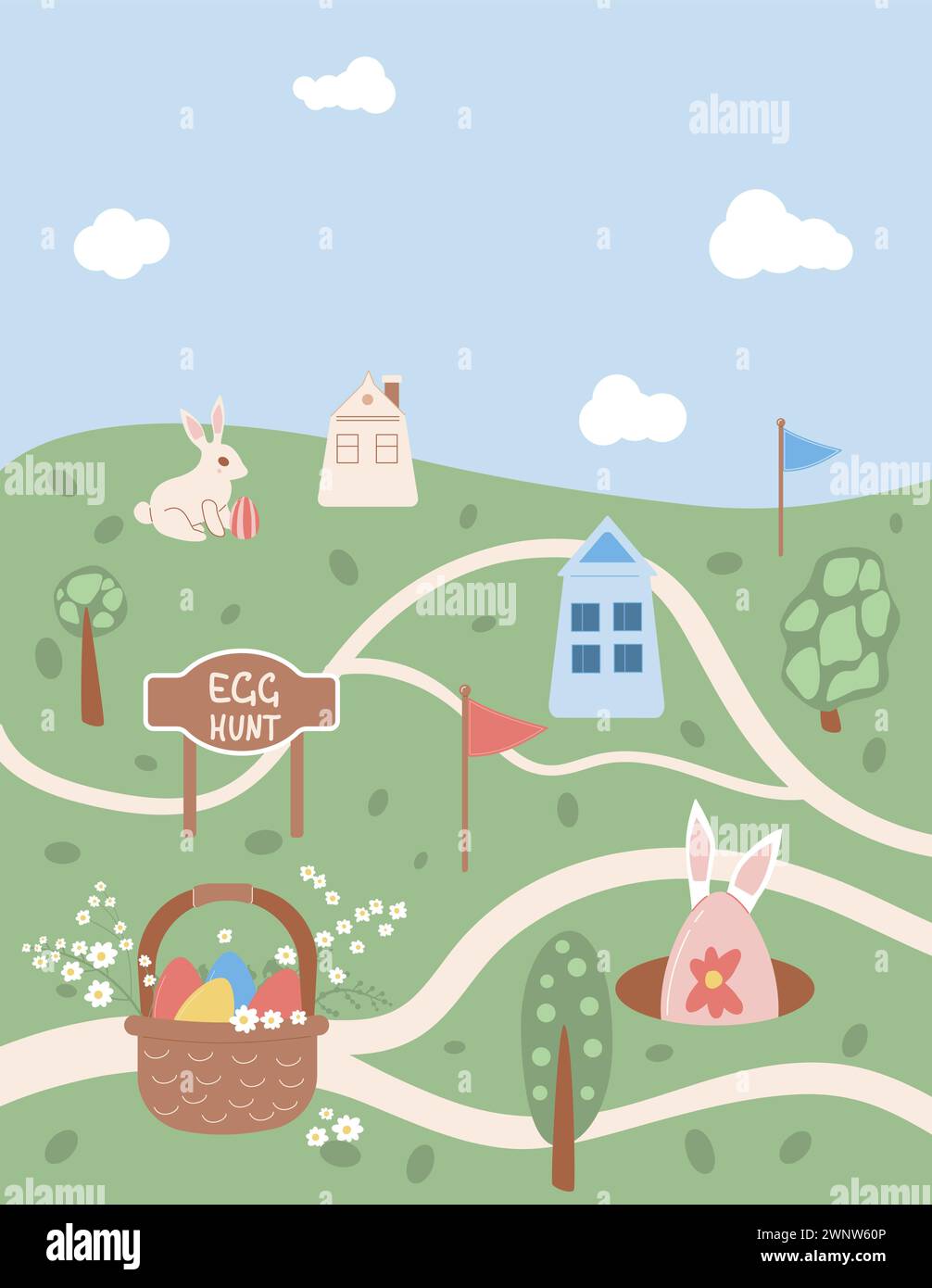 Easter egg hunt plan poster templates. Map with rabbit and egg vertical ...