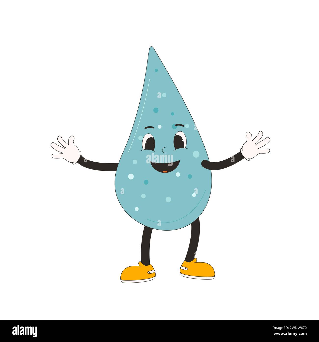 Water drop cartoon mascot. Drink rubber hose animation style groovy smiling character Drink more water. Ecologic and wellness vector flat illustration Stock Vector
