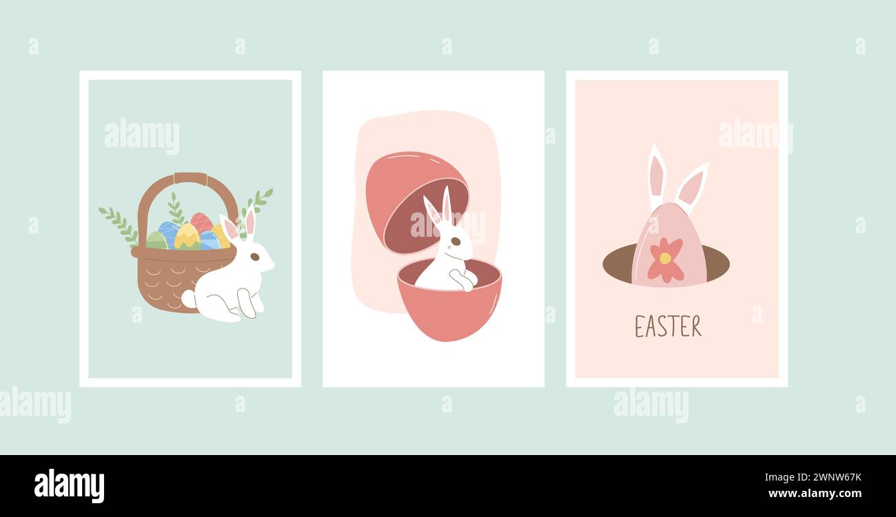 Happy Easter posters set templates. Rabbit bunny, eggs, flowers vertical banners. Eggs hunt spring holiday greeting cards collection. Vector flat illu Stock Vector