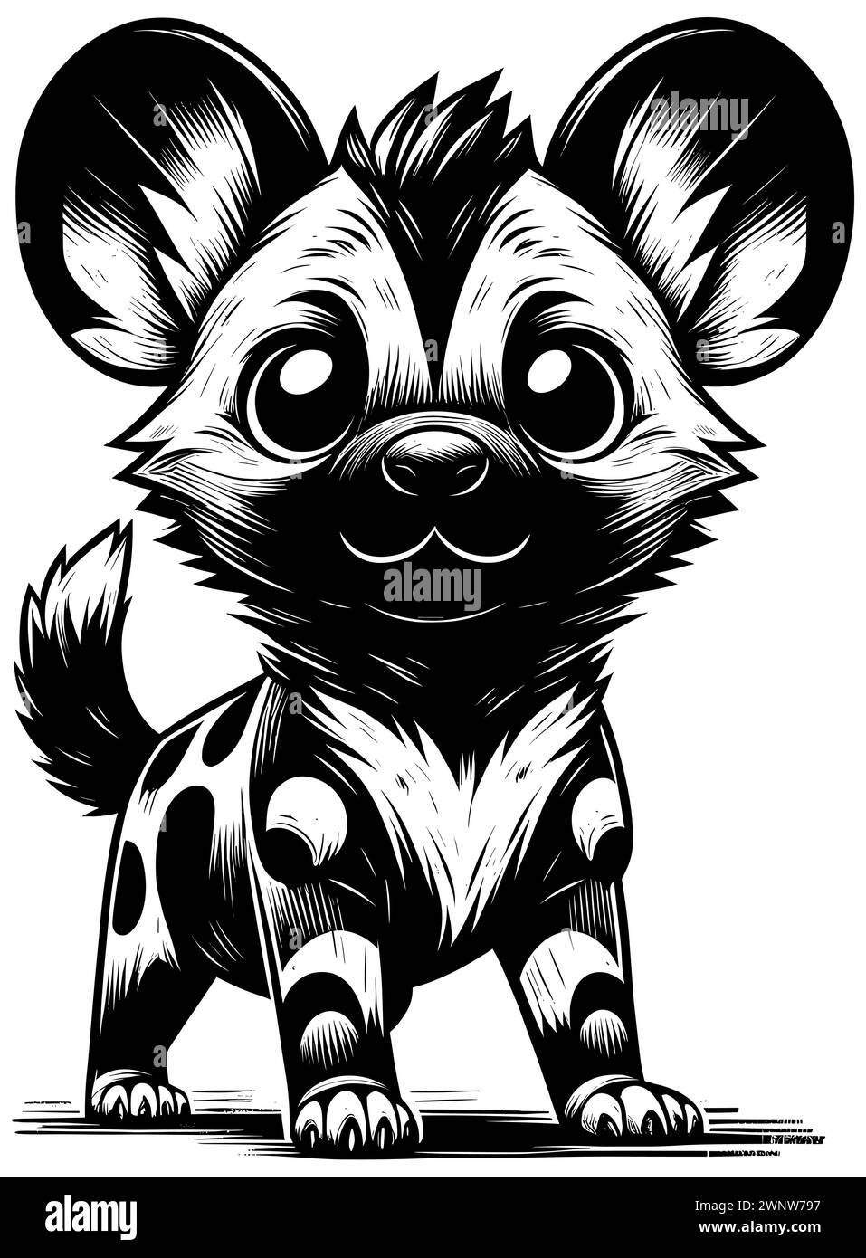 Woodcut style illustration of cute baby African wild dog on white background. Stock Vector
