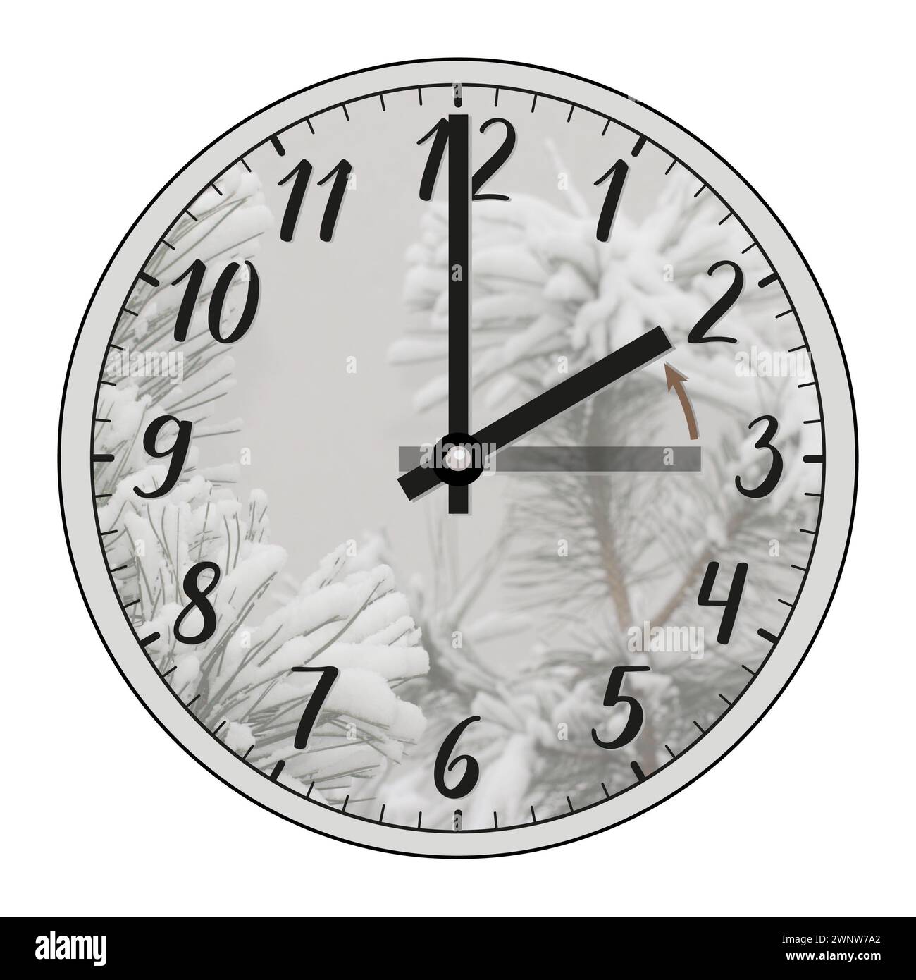 The clock shows the hand moving backward from 3 a.m. in autumn to 2 a.m. in winter. The end of daylight saving time. The transition of time. Stock Photo