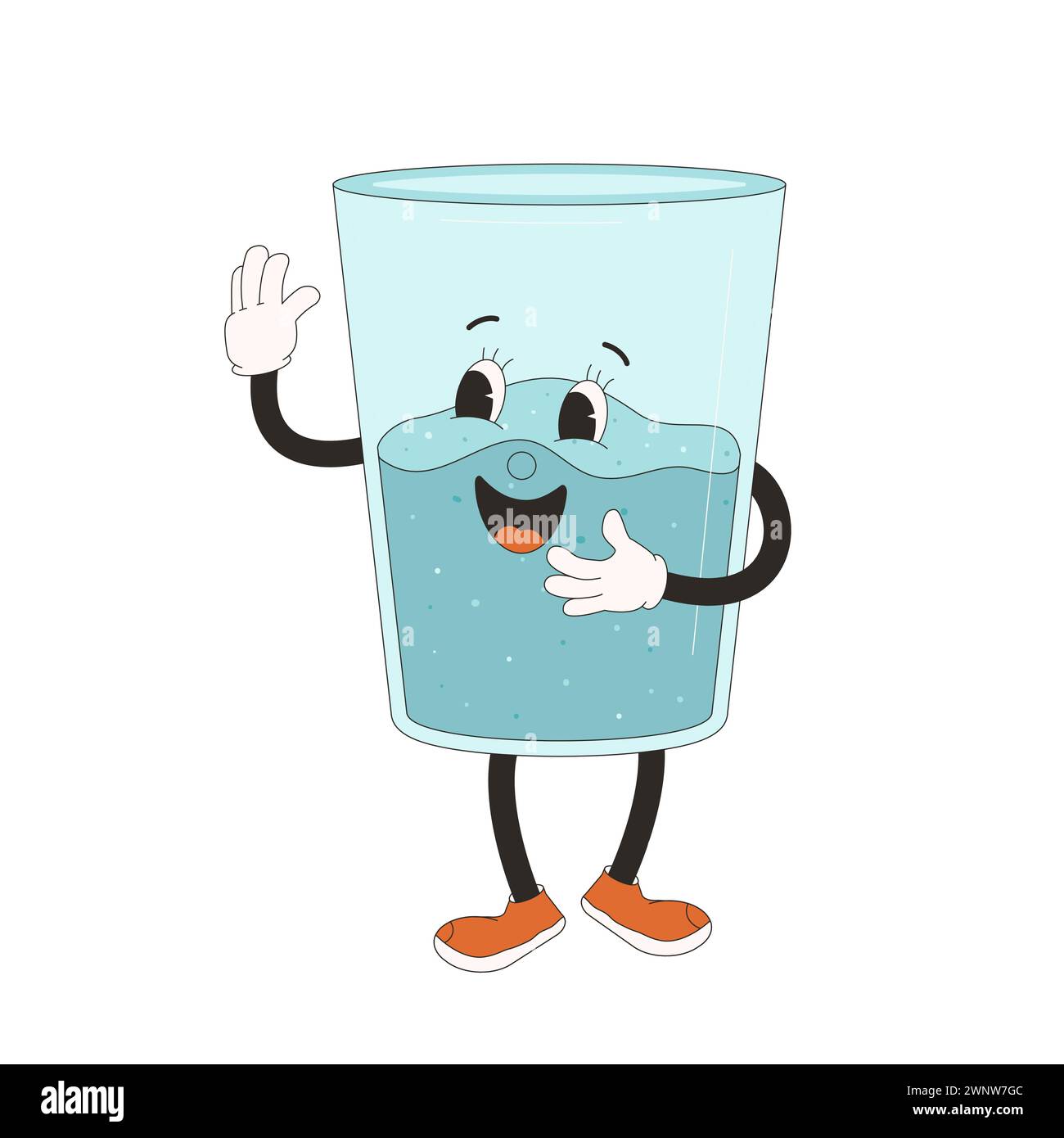 Water glass retro cartoon mascots. Drink rubber hose animation style groovy characters. Drink more water. Ecologic and wellness vector flat illustrati Stock Vector