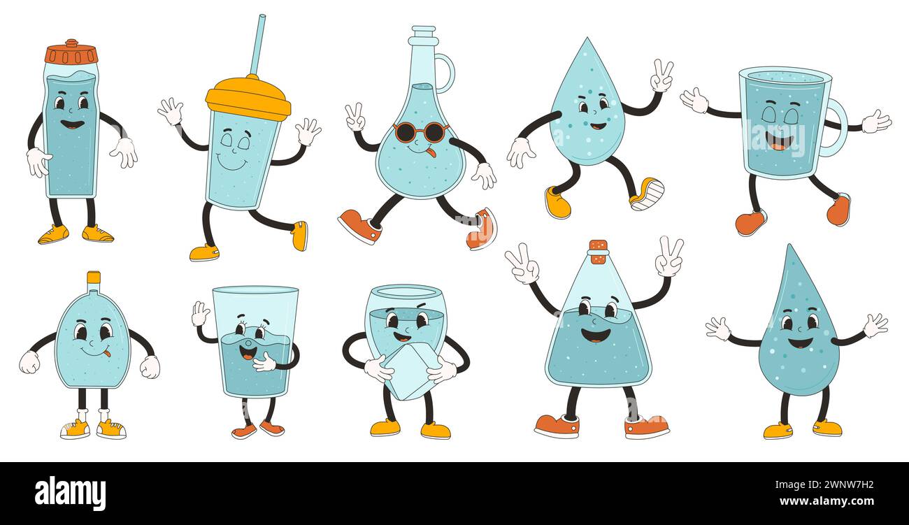 Water bottle and glass retro cartoon mascots set. Drink rubber hose animation style groovy characters. Beverage cute anthropomorphic. Ecologic and wel Stock Vector