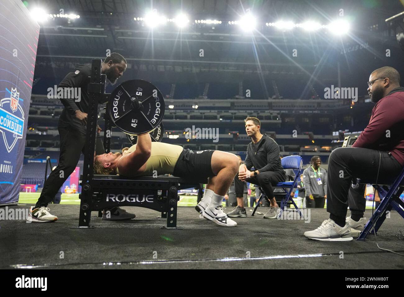 Utah offensive lineman Keaton Bills participates in the bench press at