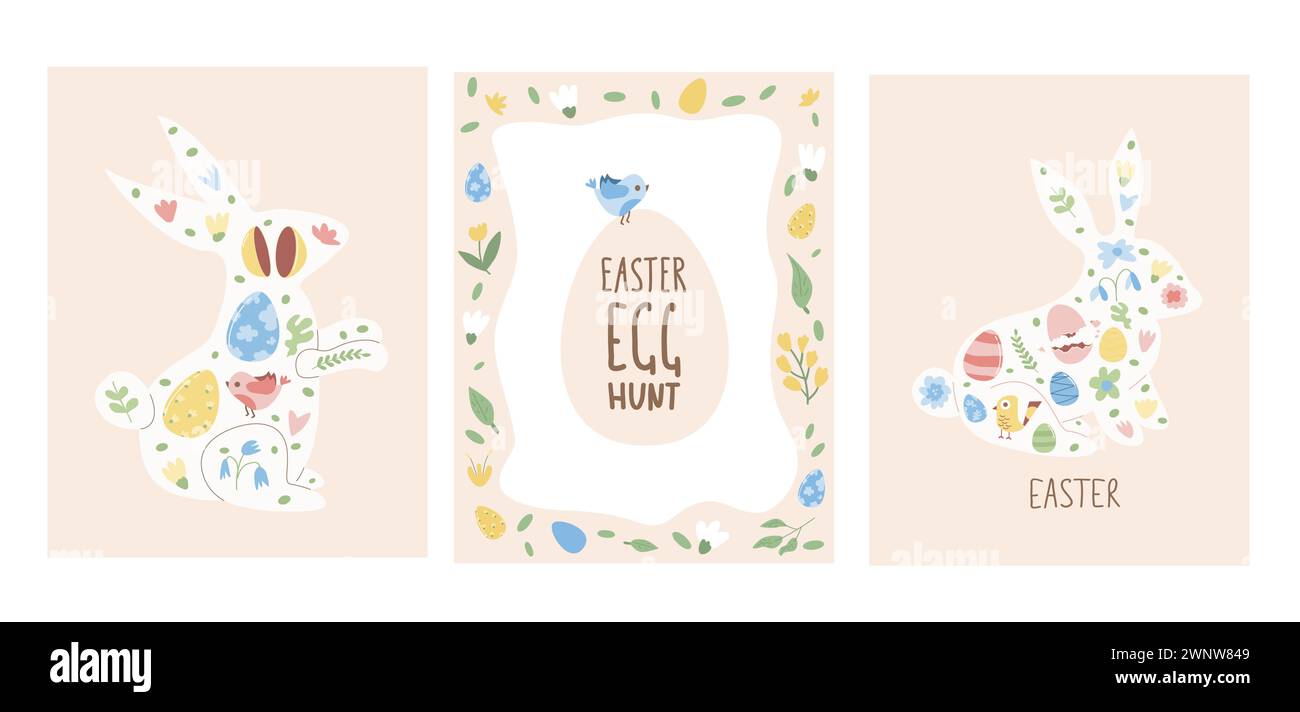 Easter egg hunt posters set templates. Rabbit silhouette with eggs and ...