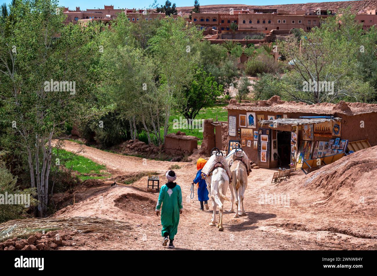 AIT BENHADDOU MOROCCO - MARCH 12, 2022: Men and camels walk past tourist shop in Ait Benhaddou, Morocco on March 12, 2022 Stock Photo