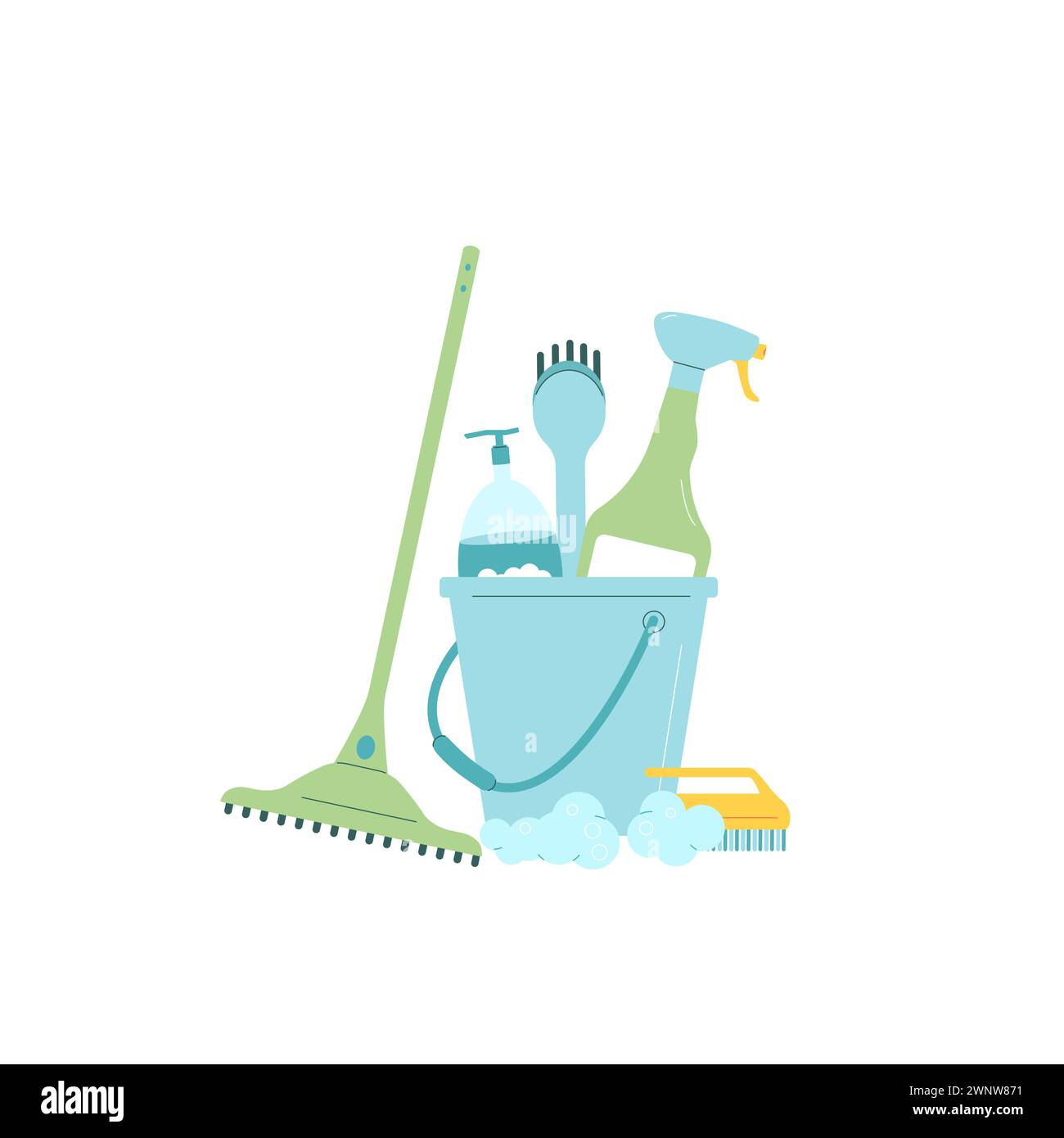Bucket with brushes, mop and bottles for cleanup. Cleaning tools