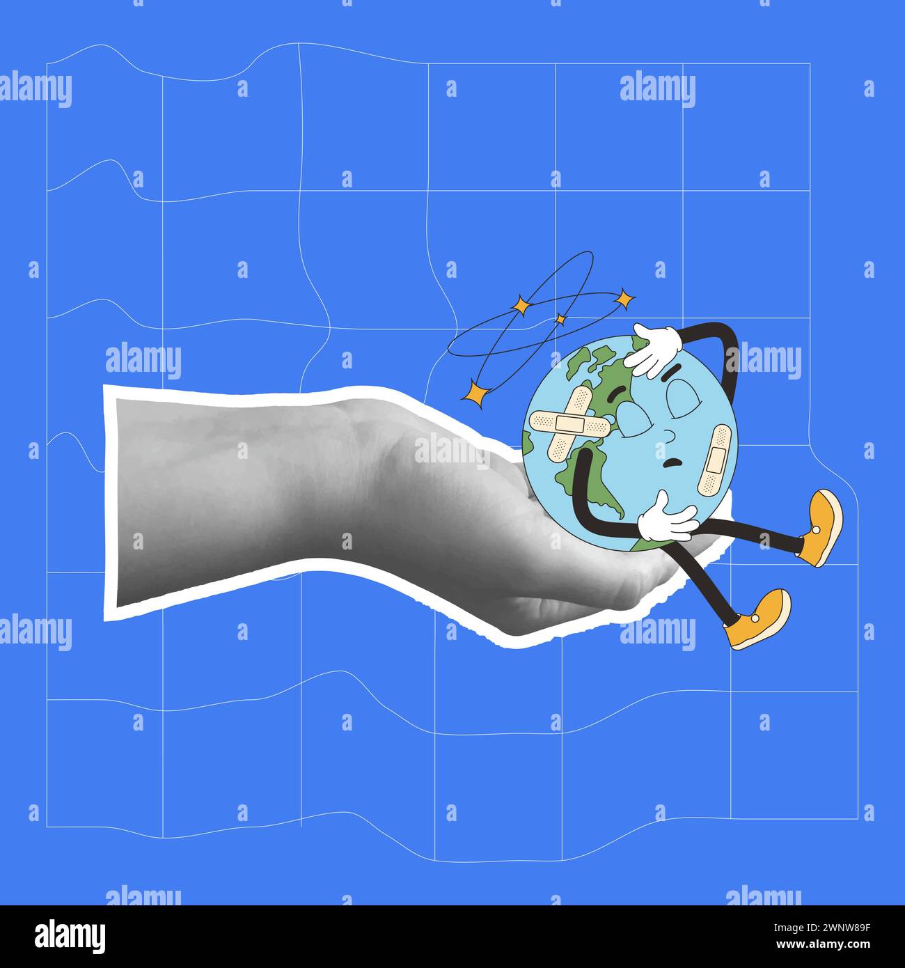 Earth hurt retro mascot in collage hand. Sick planet cartoon character template for holiday banner. Climate change and ecological problems. Vector ill Stock Vector