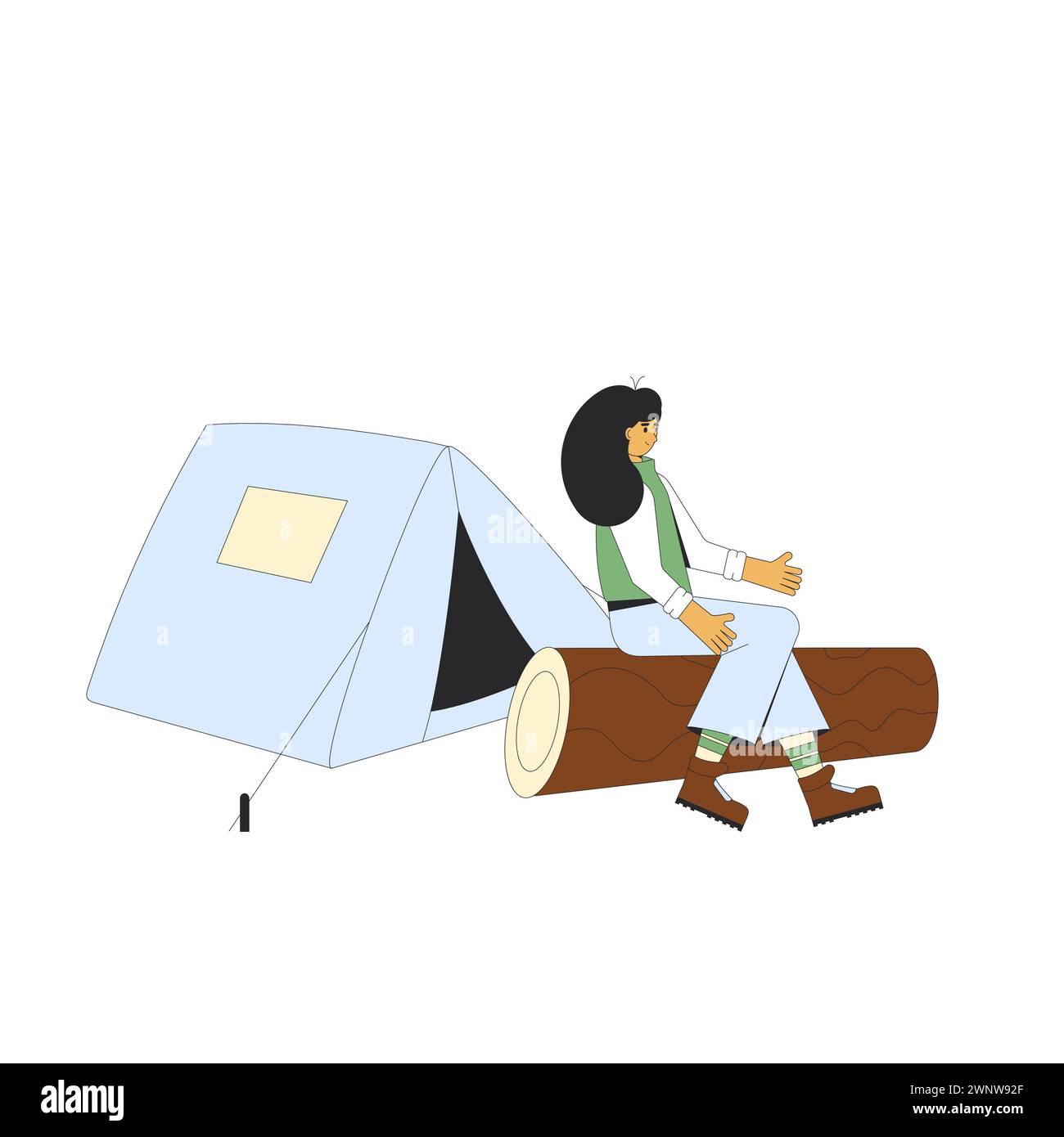 Young woman sitting on the log near tent. Tourist camping isolated on