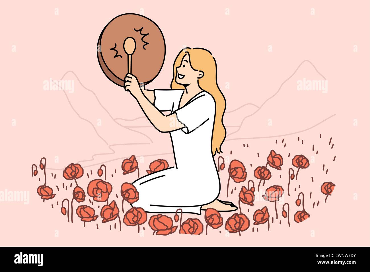 Woman shaman with drum sits in poppy field and plays ethnic musical instrument to bring about rain. Girl shaman observes mystical traditions of calling gods on days of spring equinox Stock Vector