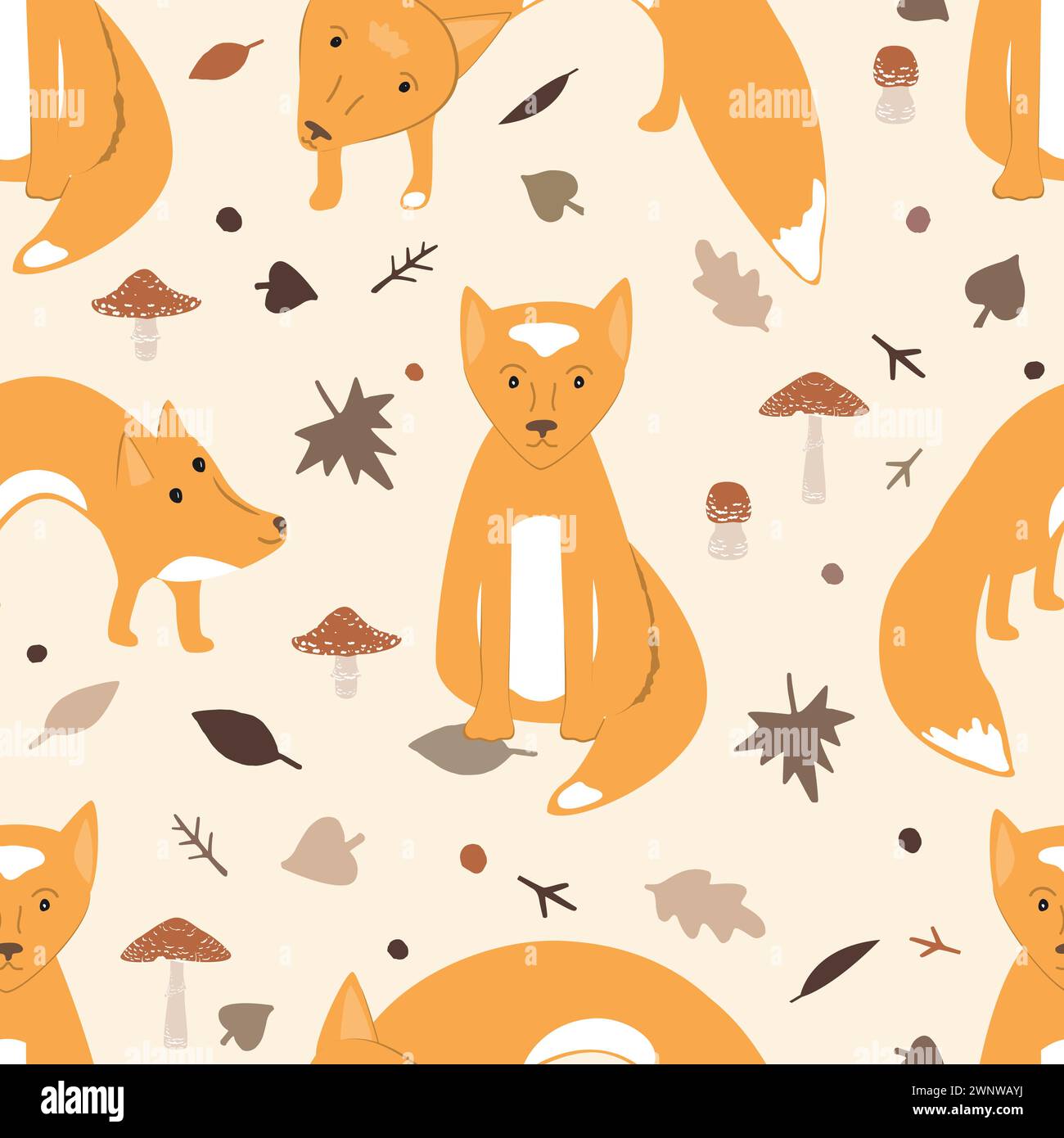 Cute foxes, mushrooms and autumn leaves doodle seamless pattern. Fall nursery forest vector background Stock Vector