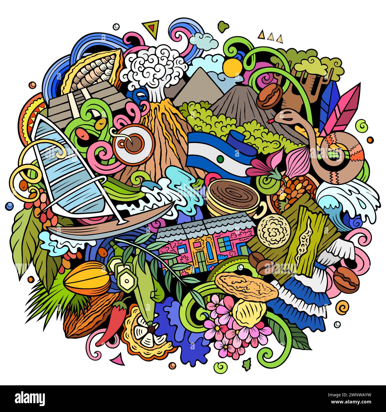 Vector funny doodle illustration with El Salvador theme. Vibrant and eye-catching design, capturing the essence of Central America culture and traditi Stock Vector