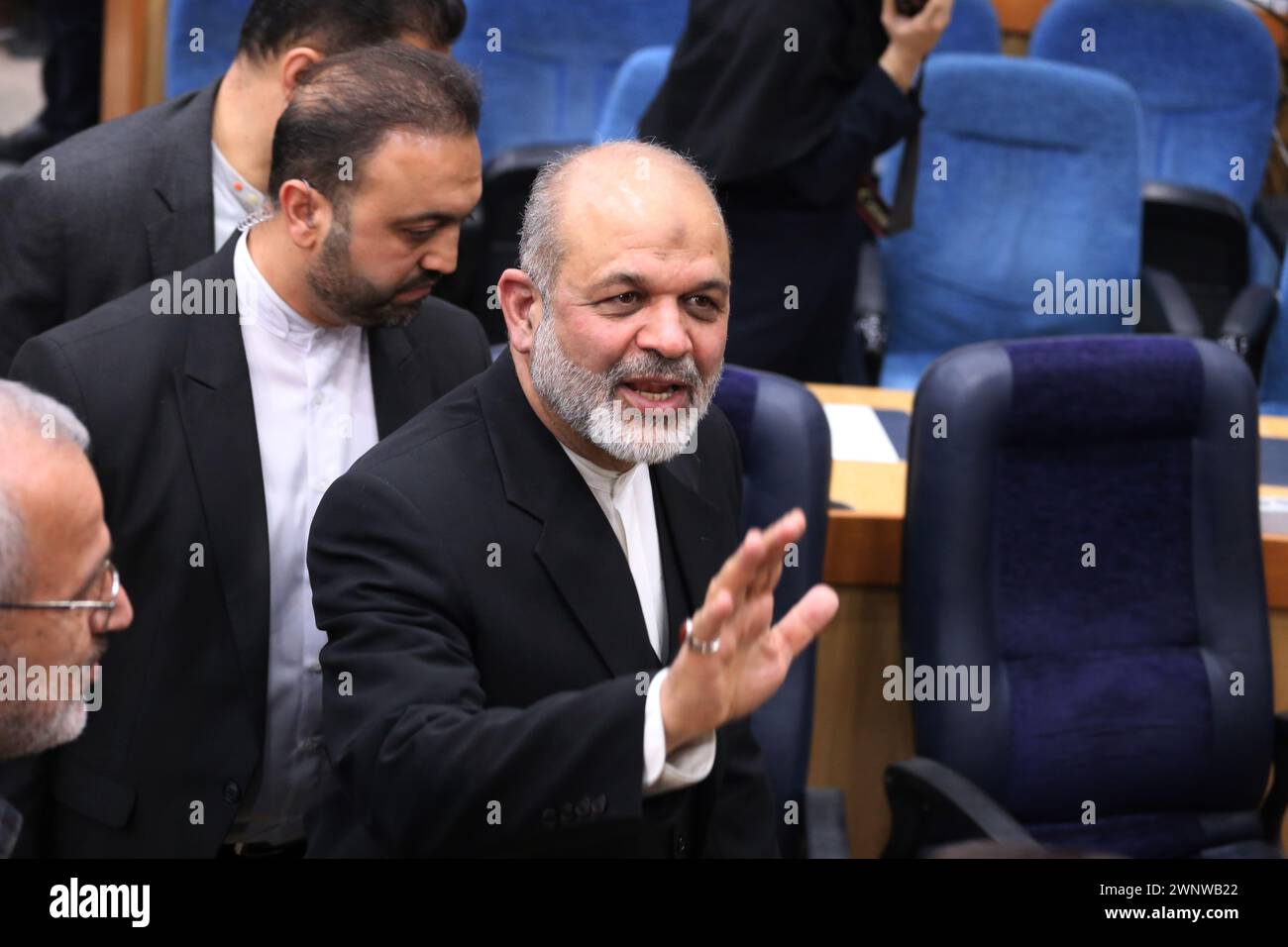 Tehran, Iran. 4th Mar, 2024. Iranian Interior Minister, AHMAD VAHIDI (C), waves after a press conference on the elections of the parliamentary and the Council of Experts, an influential body of Islamic clerics, in Tehran. Vahidi said the vote saw 25 million ballots cast, a turnout of just under 41% (Credit Image: © Rouzbeh Fouladi/ZUMA Press Wire) EDITORIAL USAGE ONLY! Not for Commercial USAGE! Credit: ZUMA Press, Inc./Alamy Live News Stock Photo