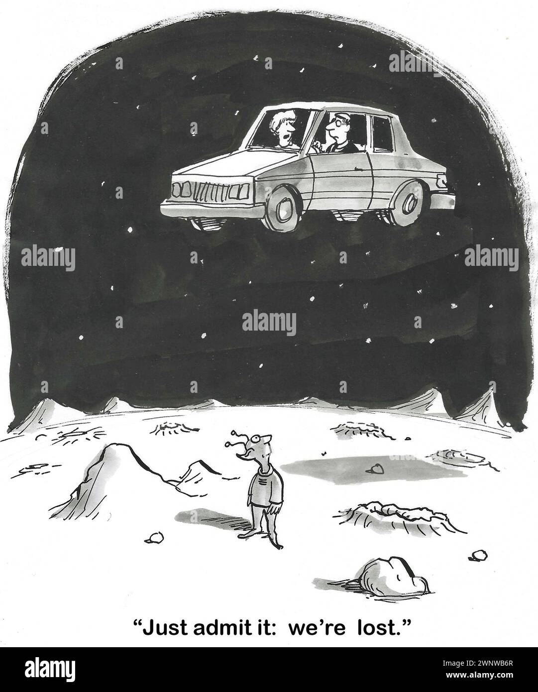 BW cartoon of a car floating over Mars.  The wife wants the husband to admit they are lost. Stock Photo