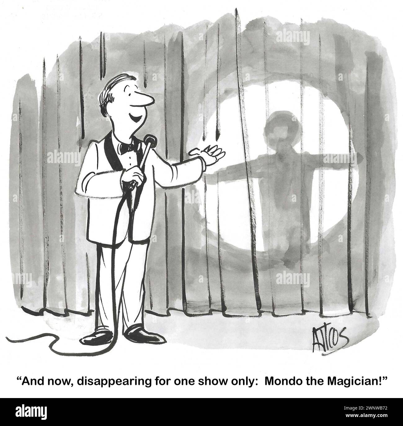 BW cartoon of the emcee stating the magician is disappearing for this show only. Stock Photo