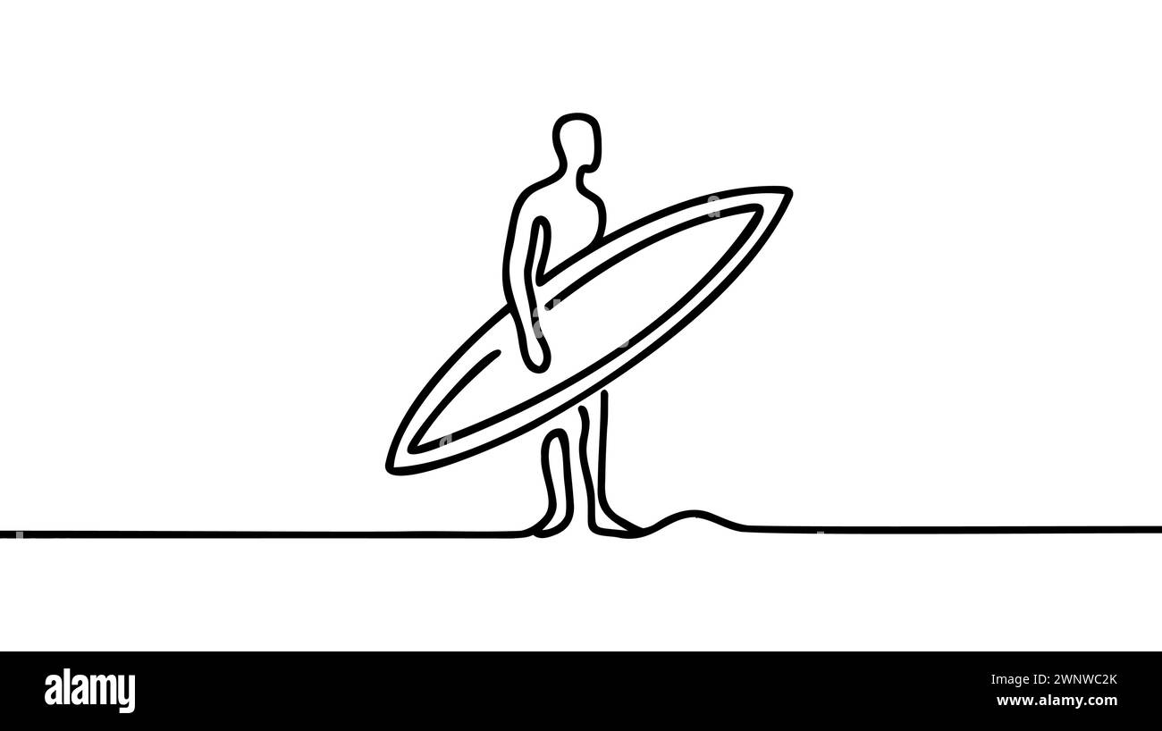 Continuous one single line drawn surfer line on a surfboard on the ...