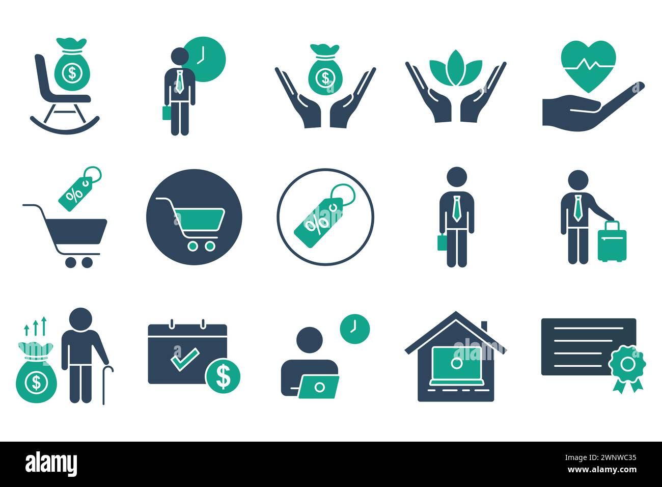 employee benefits icon set. contains icon retirement plan, flexible working, certificate, bonus, etc. solid icon style. business element vector illust Stock Vector