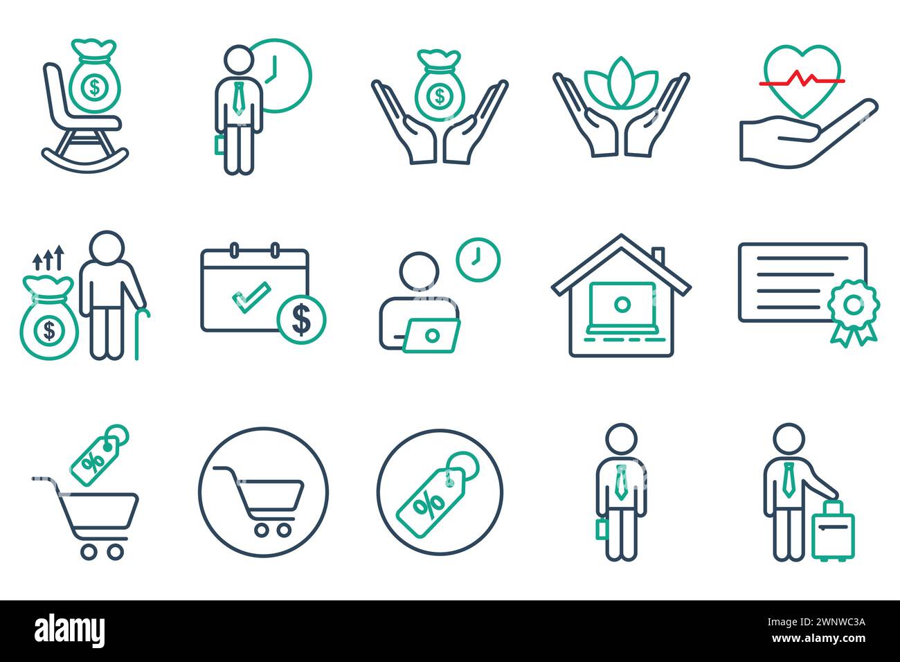 employee benefits icon set. contains icon retirement plan, flexible working, certificate, bonus, etc. line icon style. business element vector illustr Stock Vector