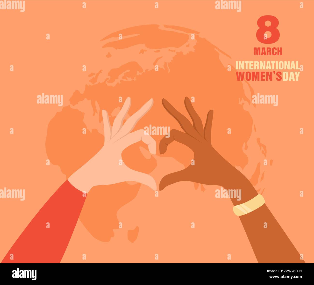 Two hands of women of different nationalities and skin tones make a heart sign with the Earth globe on the background. International Women's Day greet Stock Vector