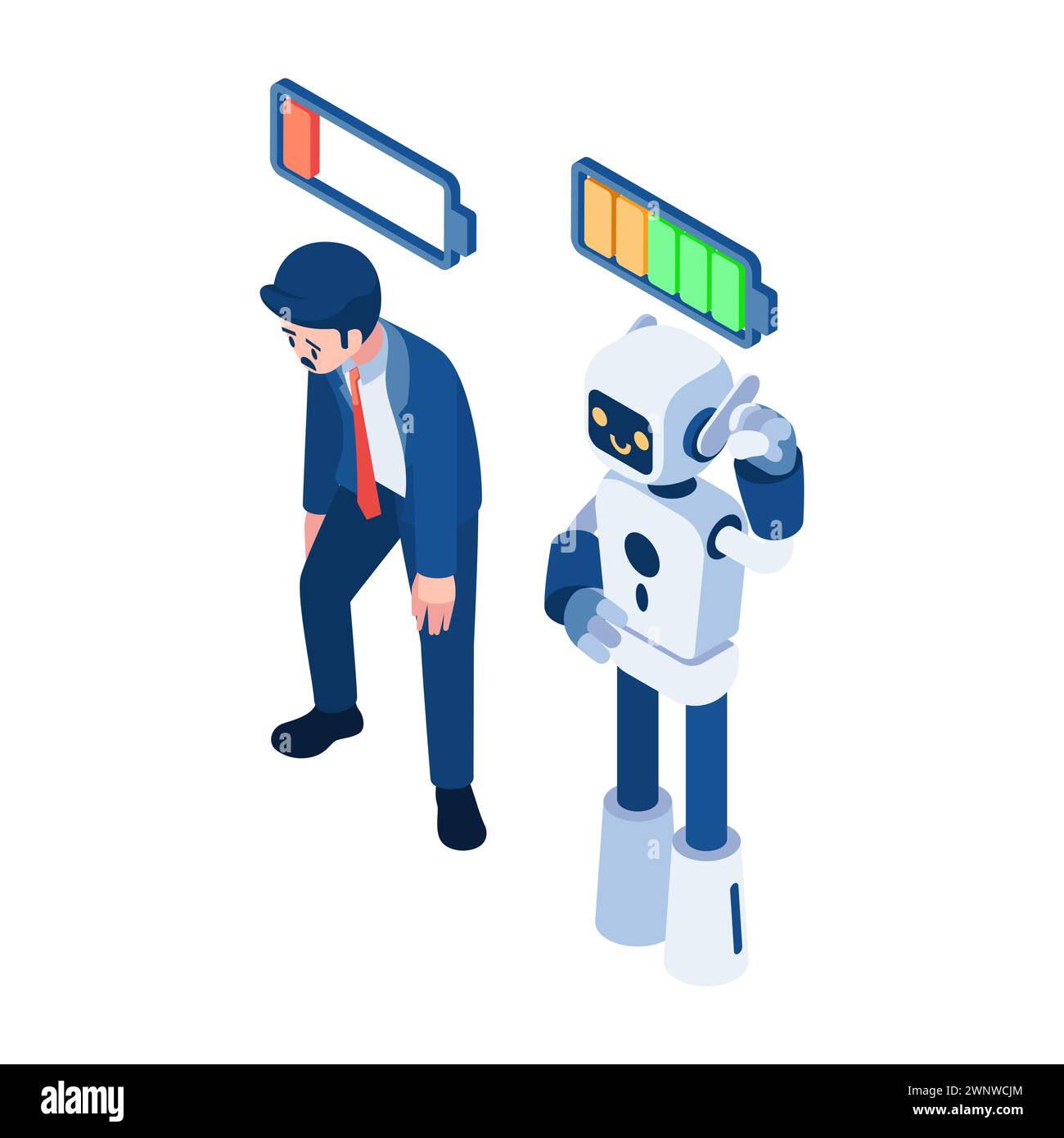 Flat 3d Isometric Businessman Low Battery VS Robot with Full Energy. Ai Robot Take Over Human Job Concept. Stock Vector