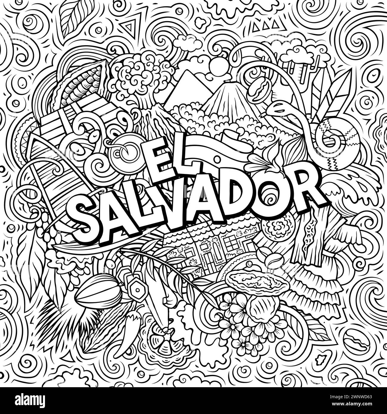 Vector funny doodle illustration with El Salvador theme. Vibrant and eye-catching design, capturing the essence of Central America culture and traditi Stock Vector