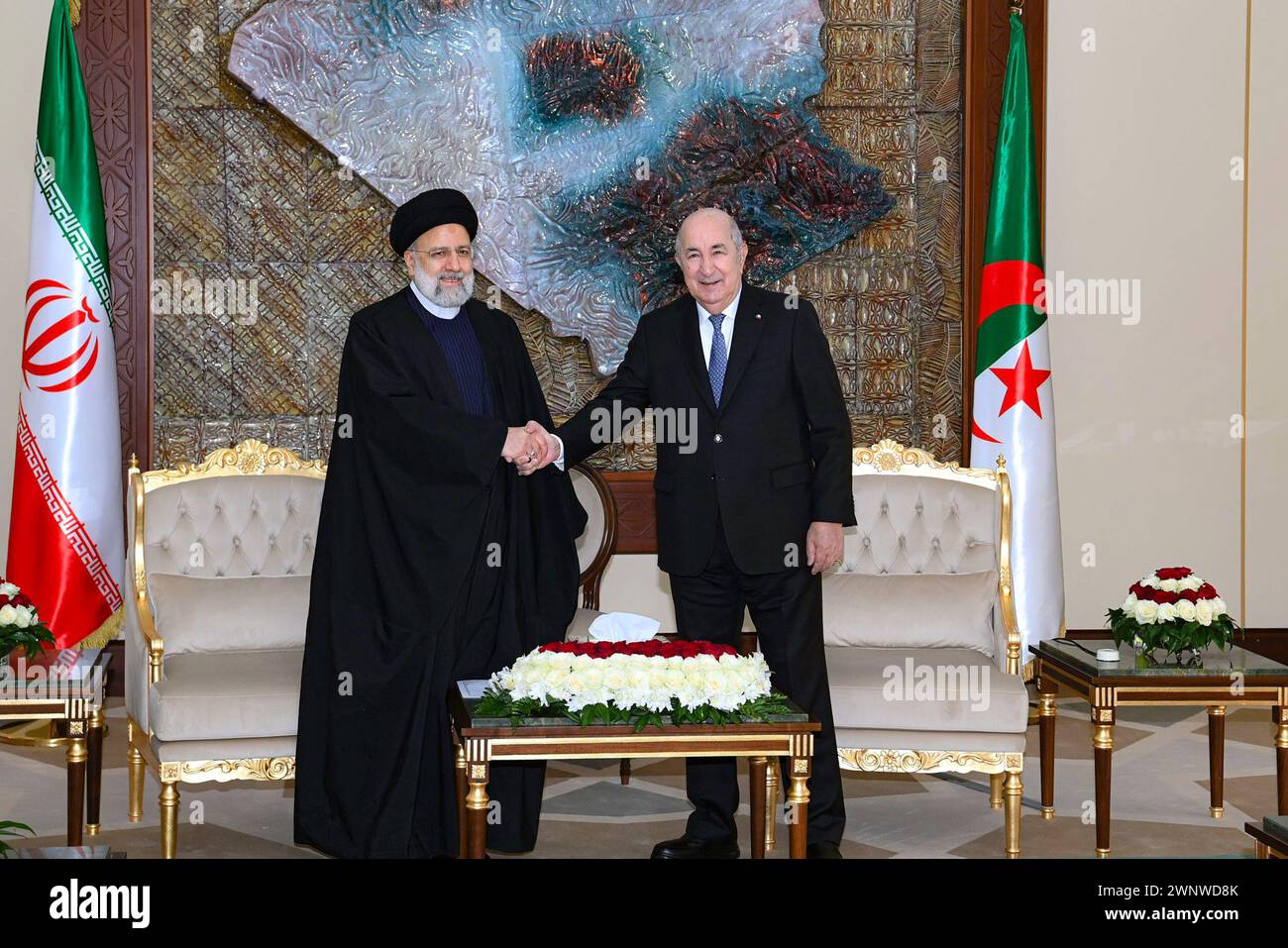 Algiers, Algeria. 4th Mar, 2024. Algerian President ABDELMADJID TEBBOUNE (R) meets with the Iranian President EBRAHIM RAISI (L) with a welcoming ceremony at the El Mouradia Palace during the 7th Summit of Heads of State and Government of the Gas Exporting Countries Forum in Algiers, Algeria. (Credit Image: © Iranian Presidency via ZUMA Press Wire) EDITORIAL USAGE ONLY! Not for Commercial USAGE! Stock Photo