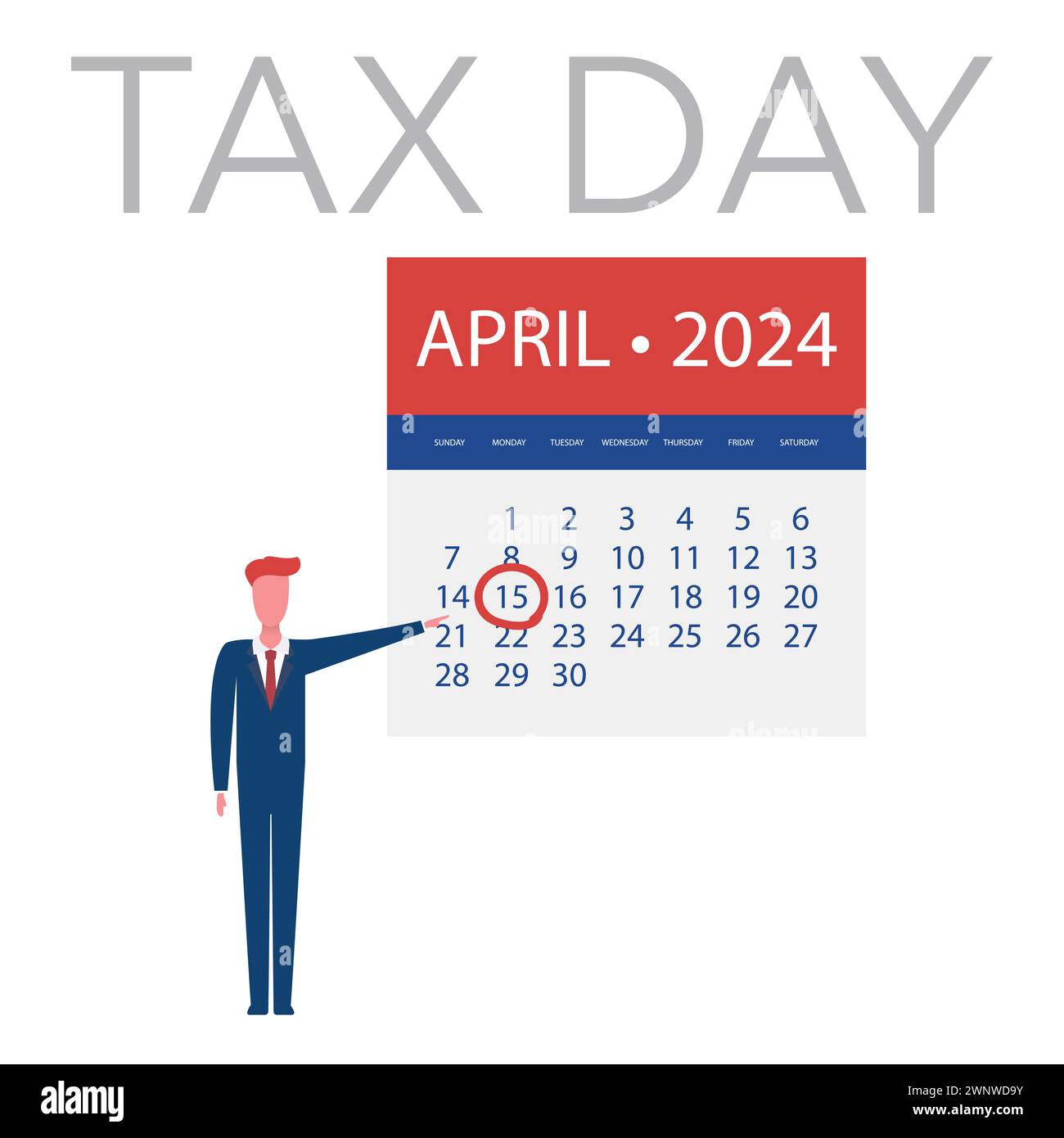 Tax Day Reminder Vector Template, Isolated on White Background Calendar Design with Business
