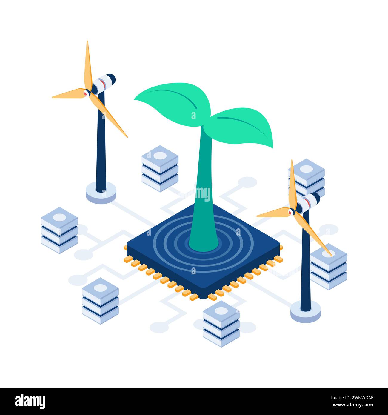 Flat 3d Isometric Plant Growth on Computer Microchip. Eco Technology Concept. Stock Vector